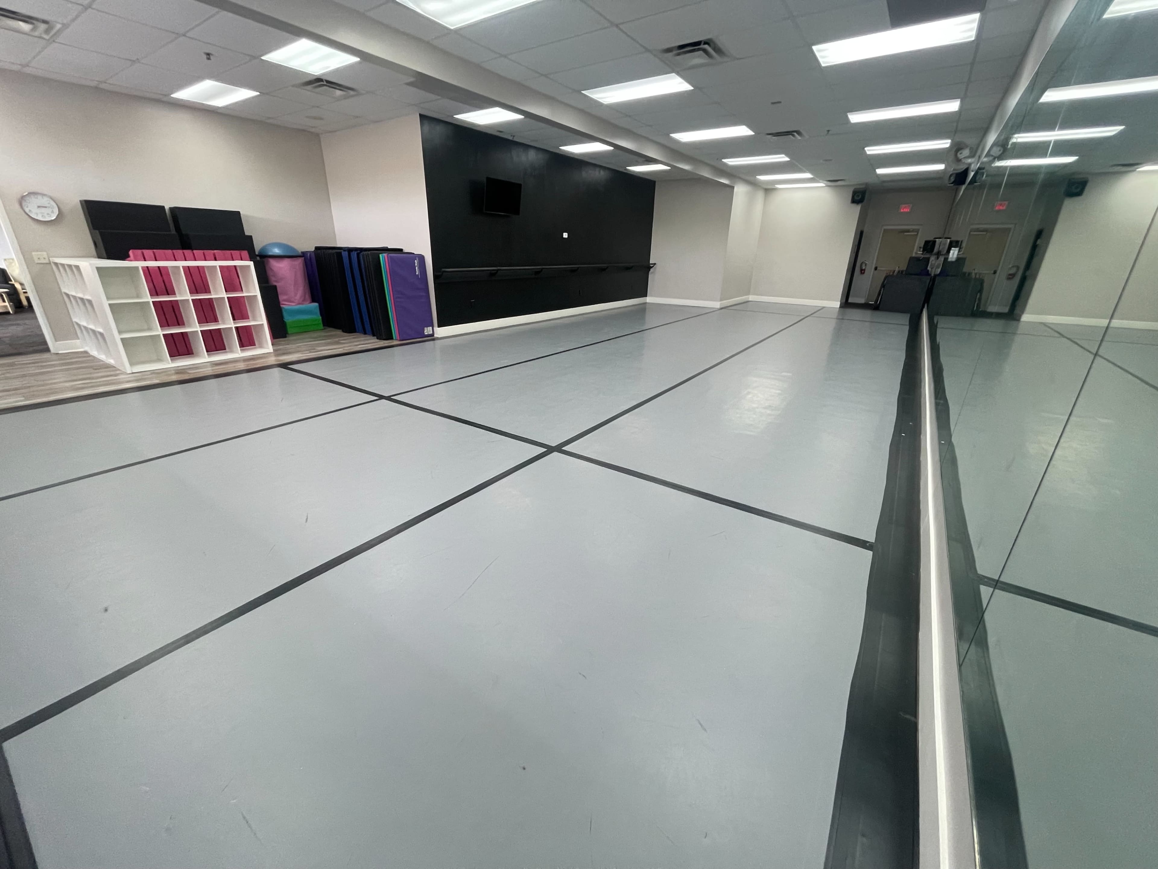 A large, empty room with a smooth gray floor, mirrored walls, and black and pink storage units in the background.