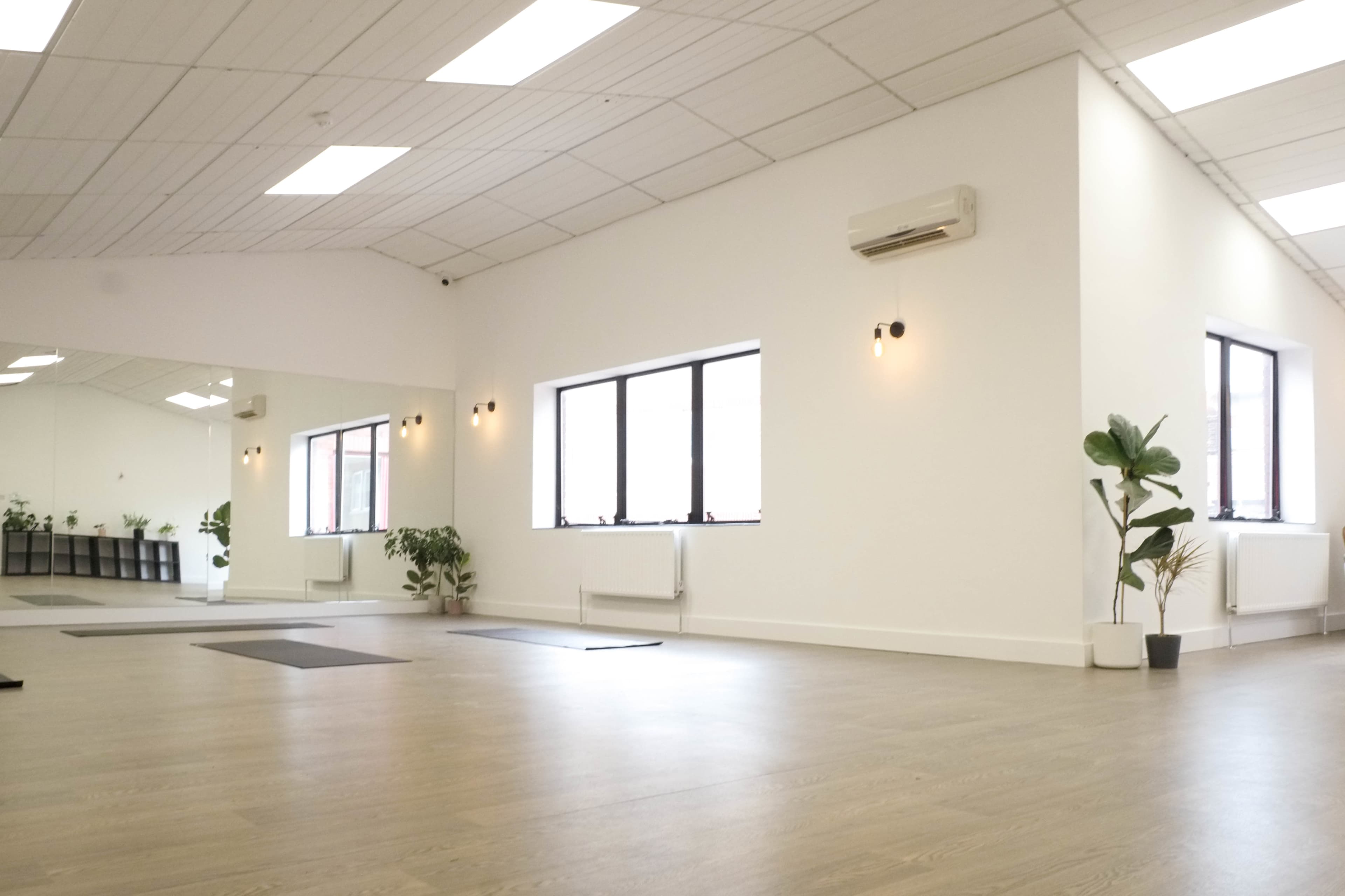 A spacious, well-lit yoga studio features plants, large windows, and a mirrored wall.