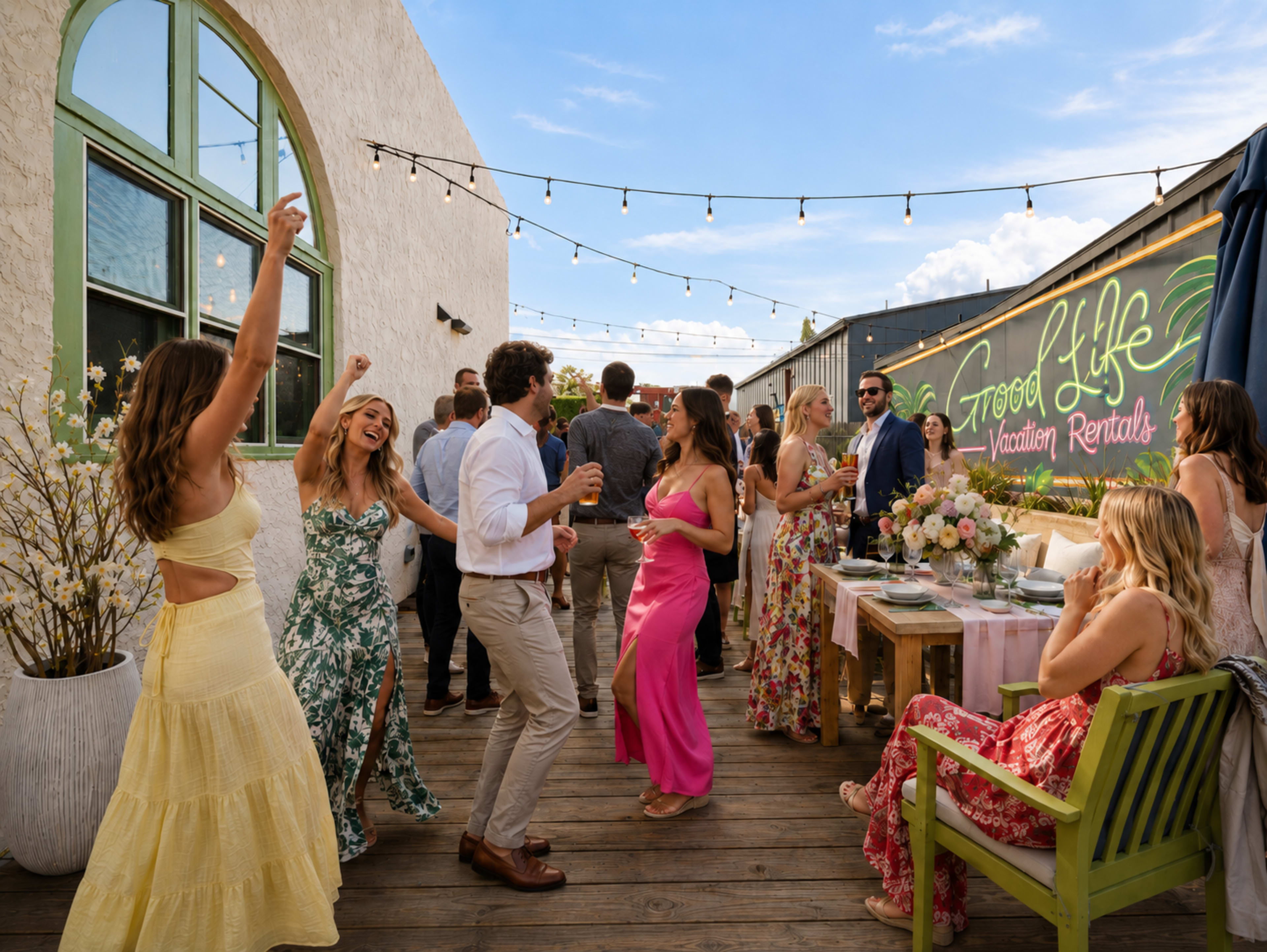 A lively outdoor gathering takes place on a deck adorned with string lights, featuring guests dancing and socializing around tables filled with flowers and drinks.
