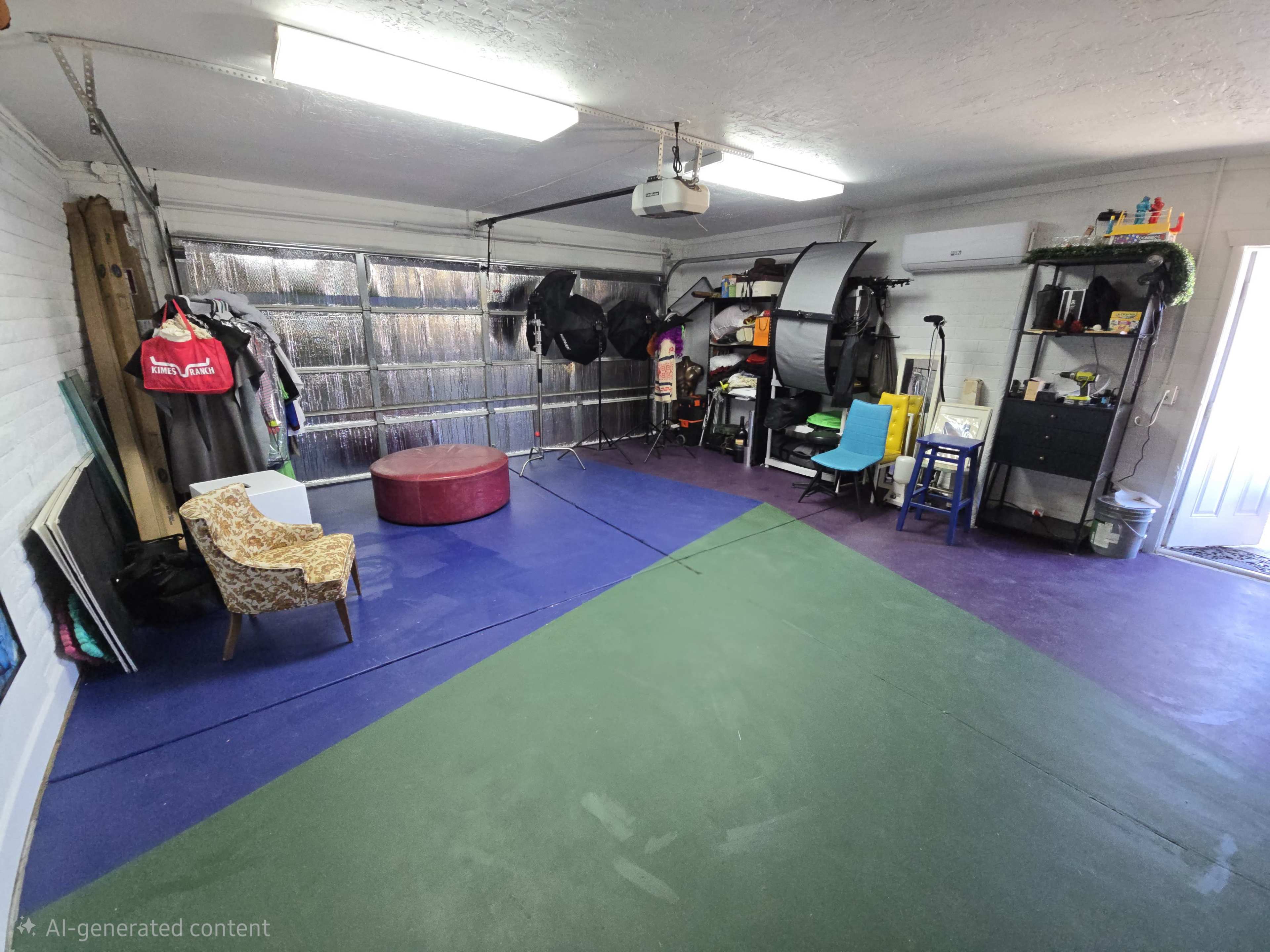 The image shows a spacious garage with a purple and green floor, featuring a seating area with a patterned chair and a round ottoman, along with various storage items and equipment along the walls.