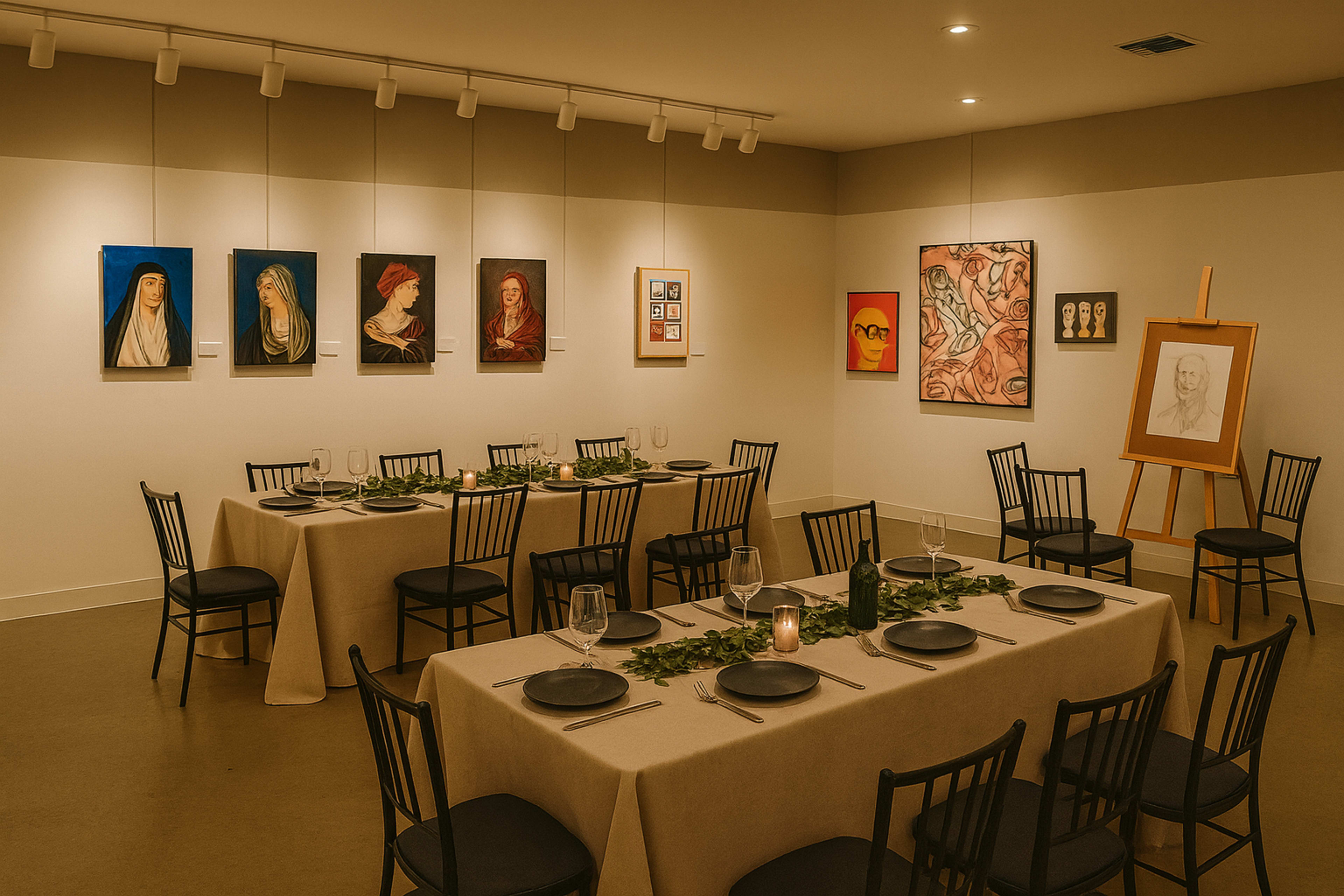The image shows a dining room with two tables set for a meal, adorned with black chairs, plates, and decorative greenery, surrounded by framed artwork on the walls.