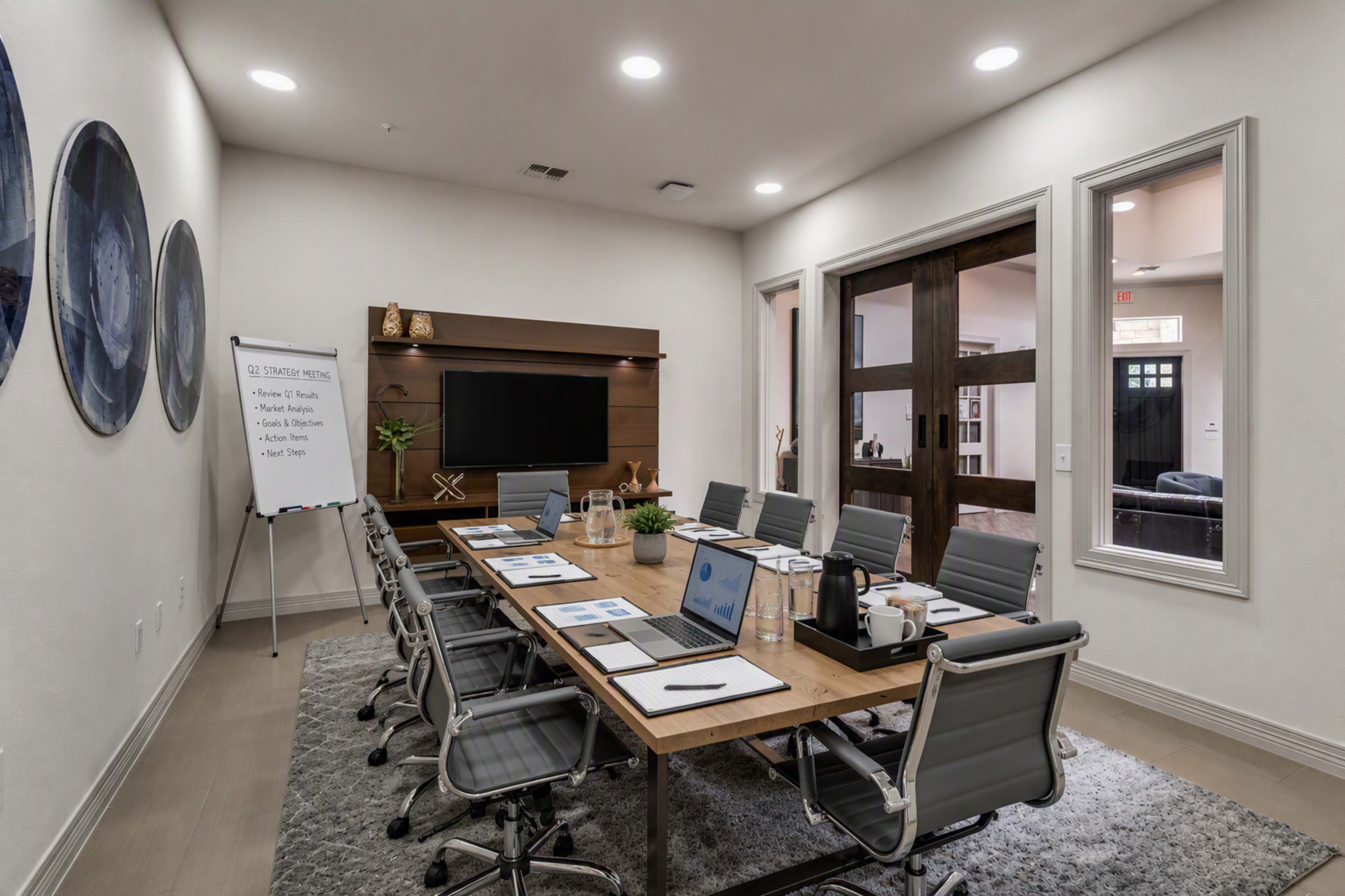 A modern conference room features a large wooden table surrounded by ergonomic chairs, with a whiteboard and a television on the walls.