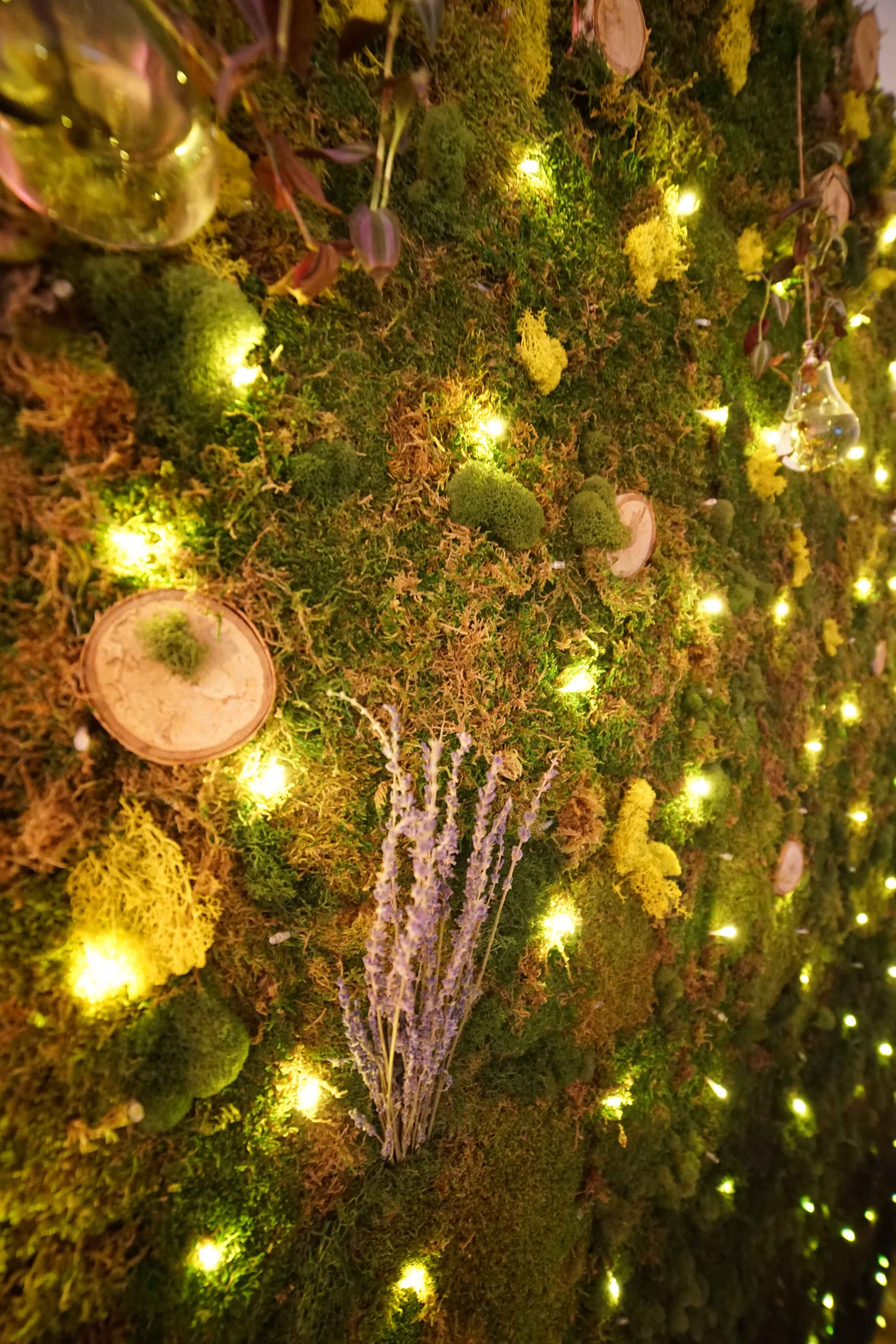A wall covered in green moss and illuminated by small, warm lights, with pieces of wood and sprigs of lavender interspersed throughout.