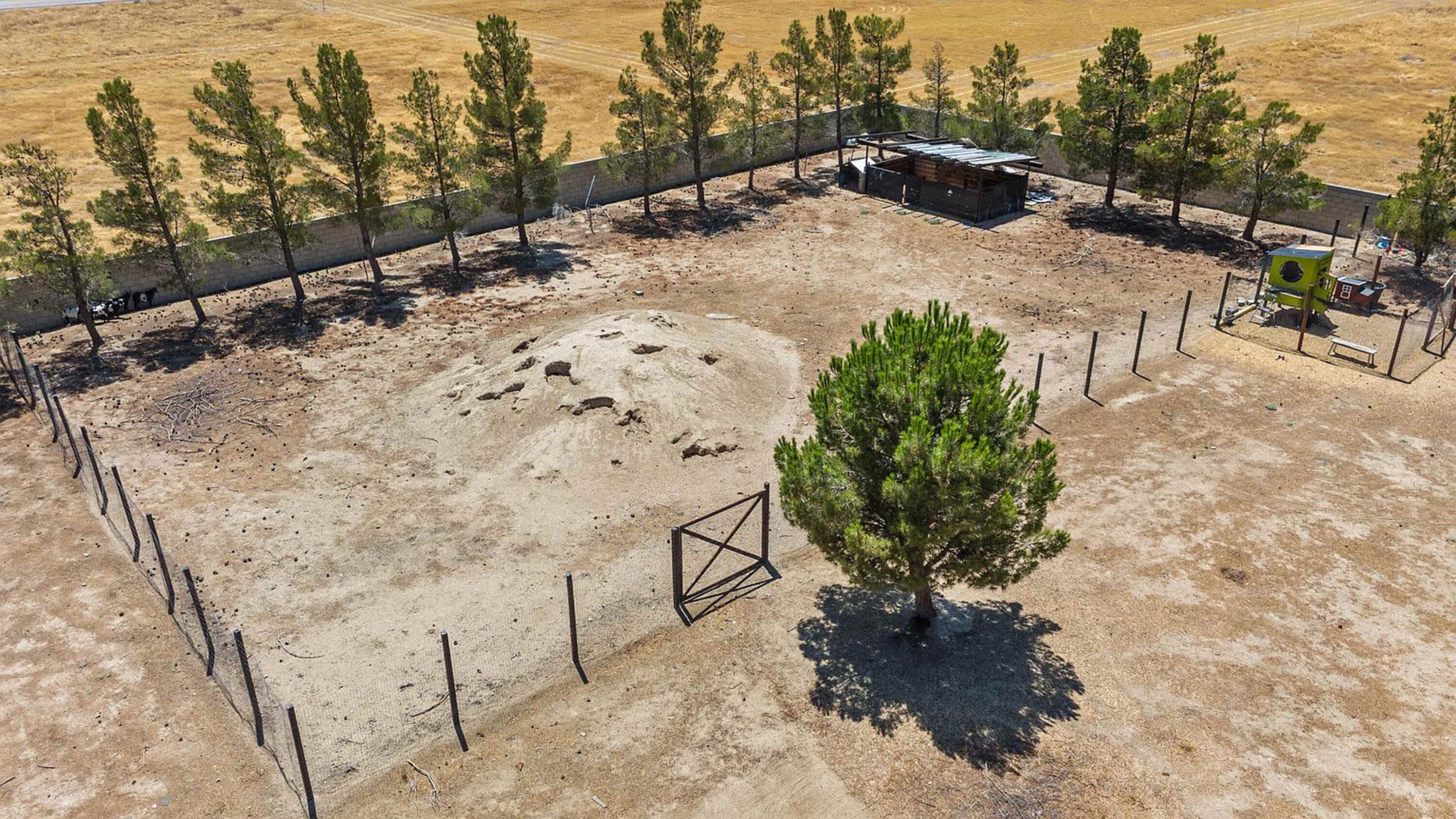 The image shows an aerial view of a barren, fenced area with sparse vegetation, featuring a mound of earth and a small playground structure near a tree.