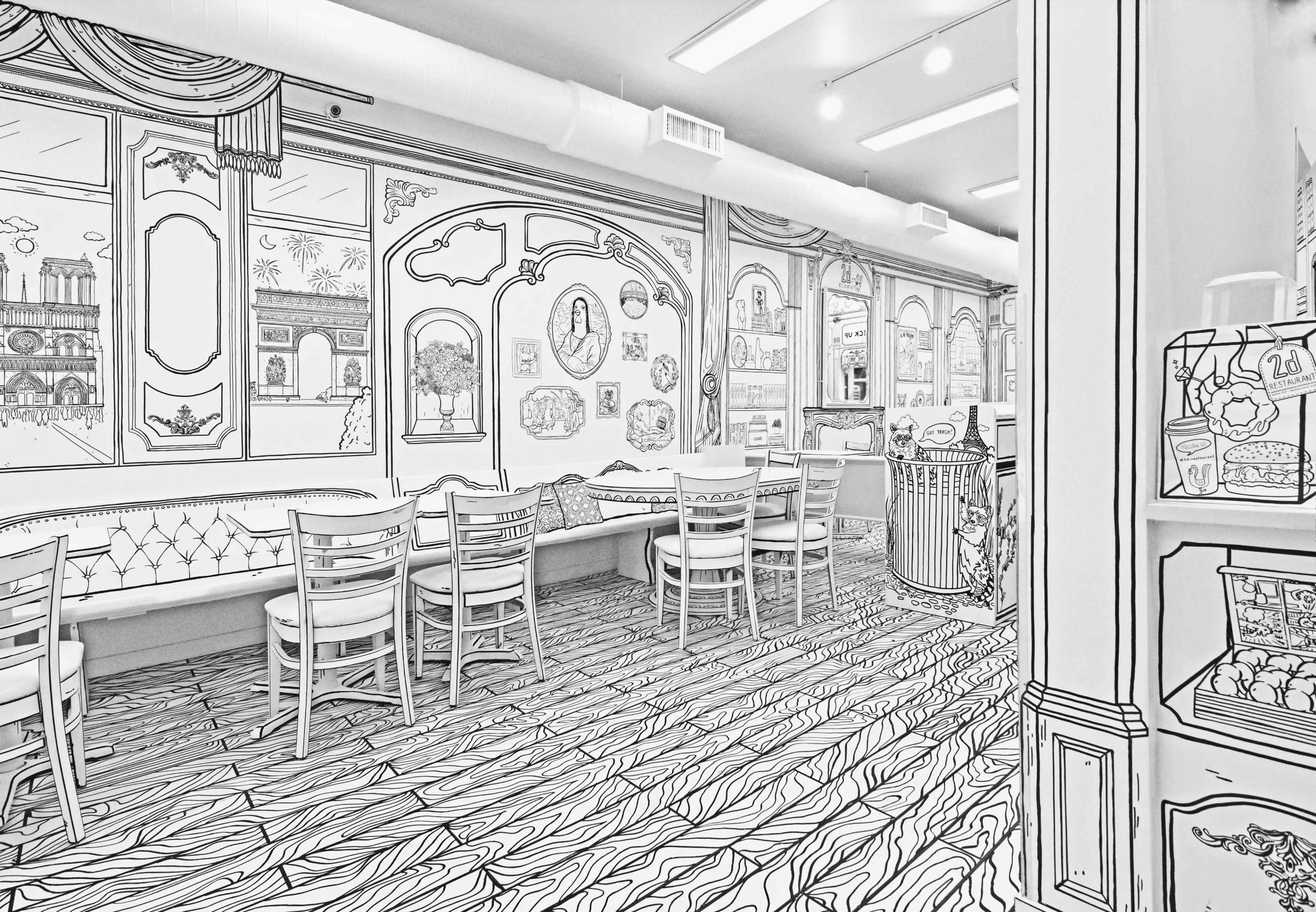 A cafe interior featuring sketches of walls, furniture, and decor in a monochromatic style.