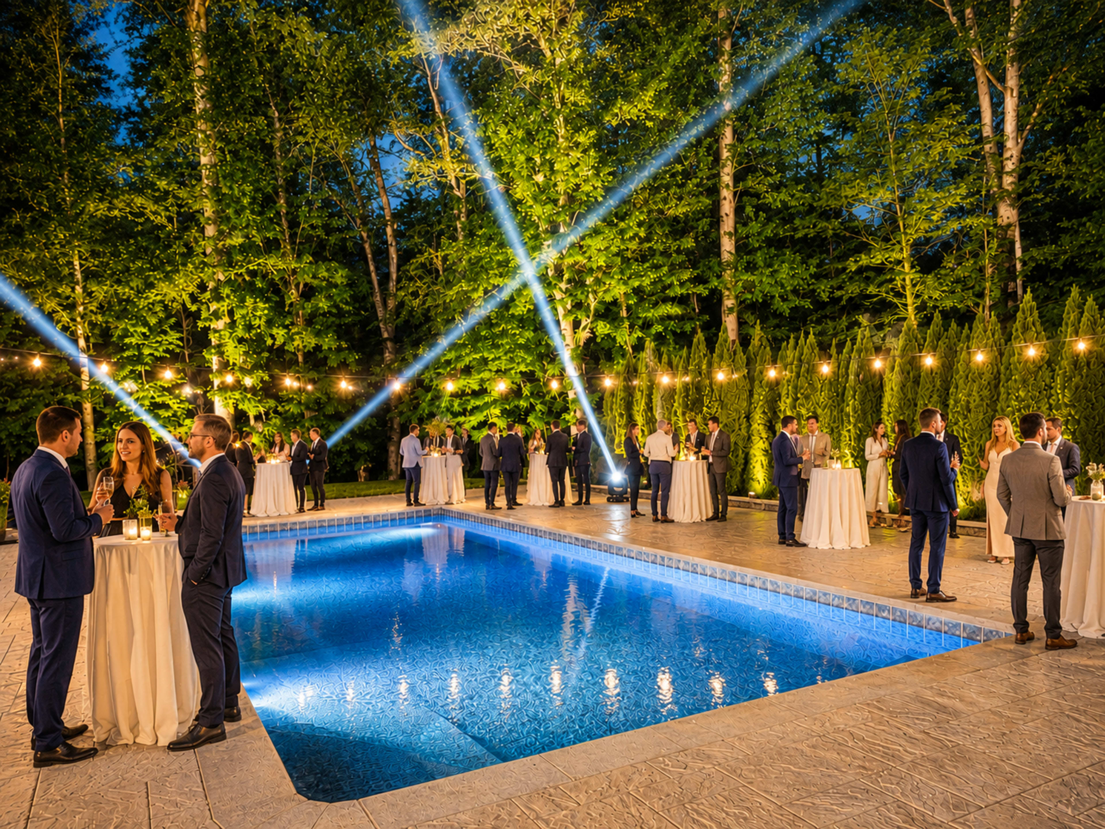 A group of people socializes around tables near a pool, illuminated by string lights and beams of light in a forested outdoor setting during the evening.