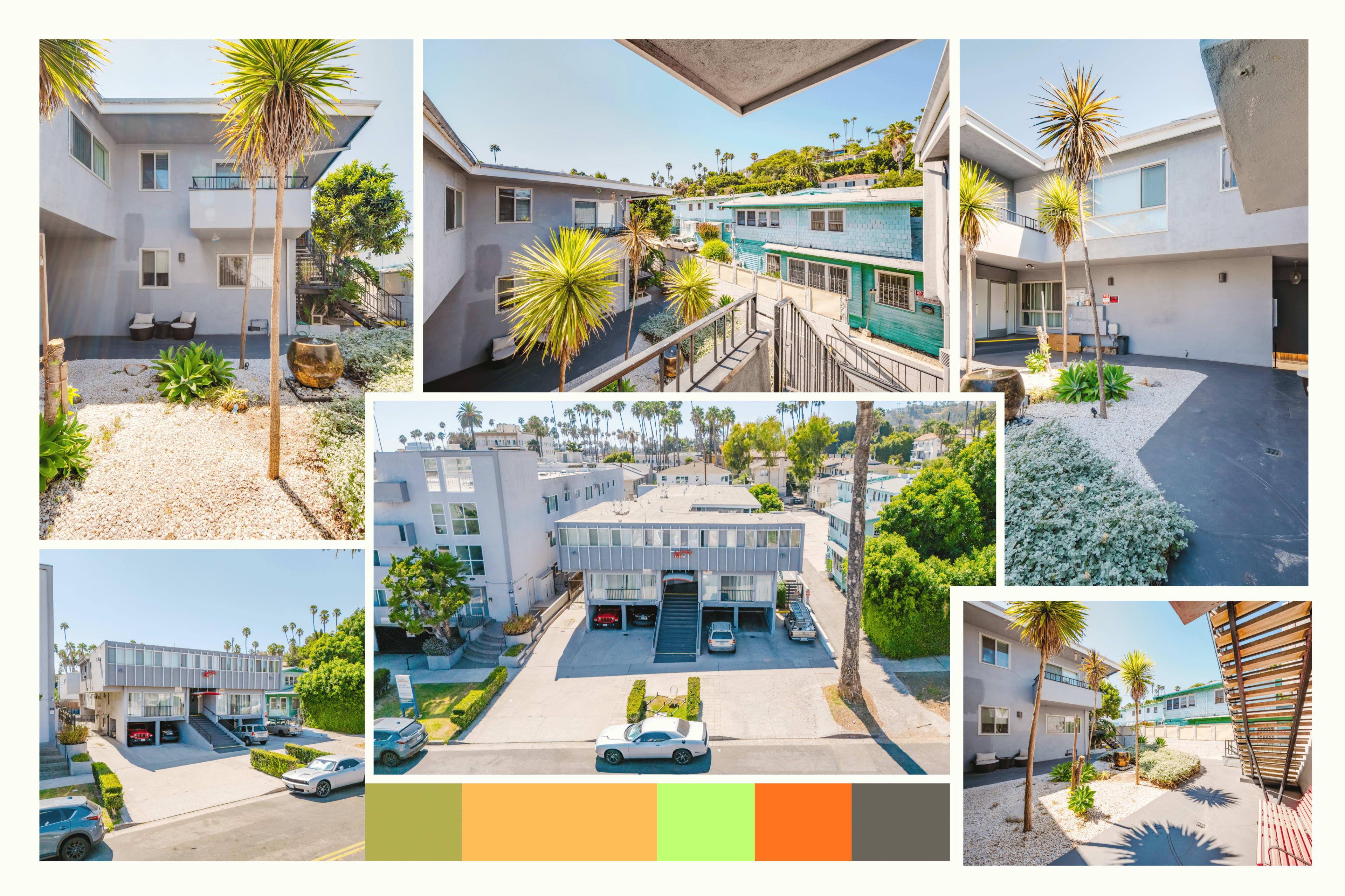 The image shows multiple views of a modern apartment complex featuring palm trees, walkways, and parked vehicles.