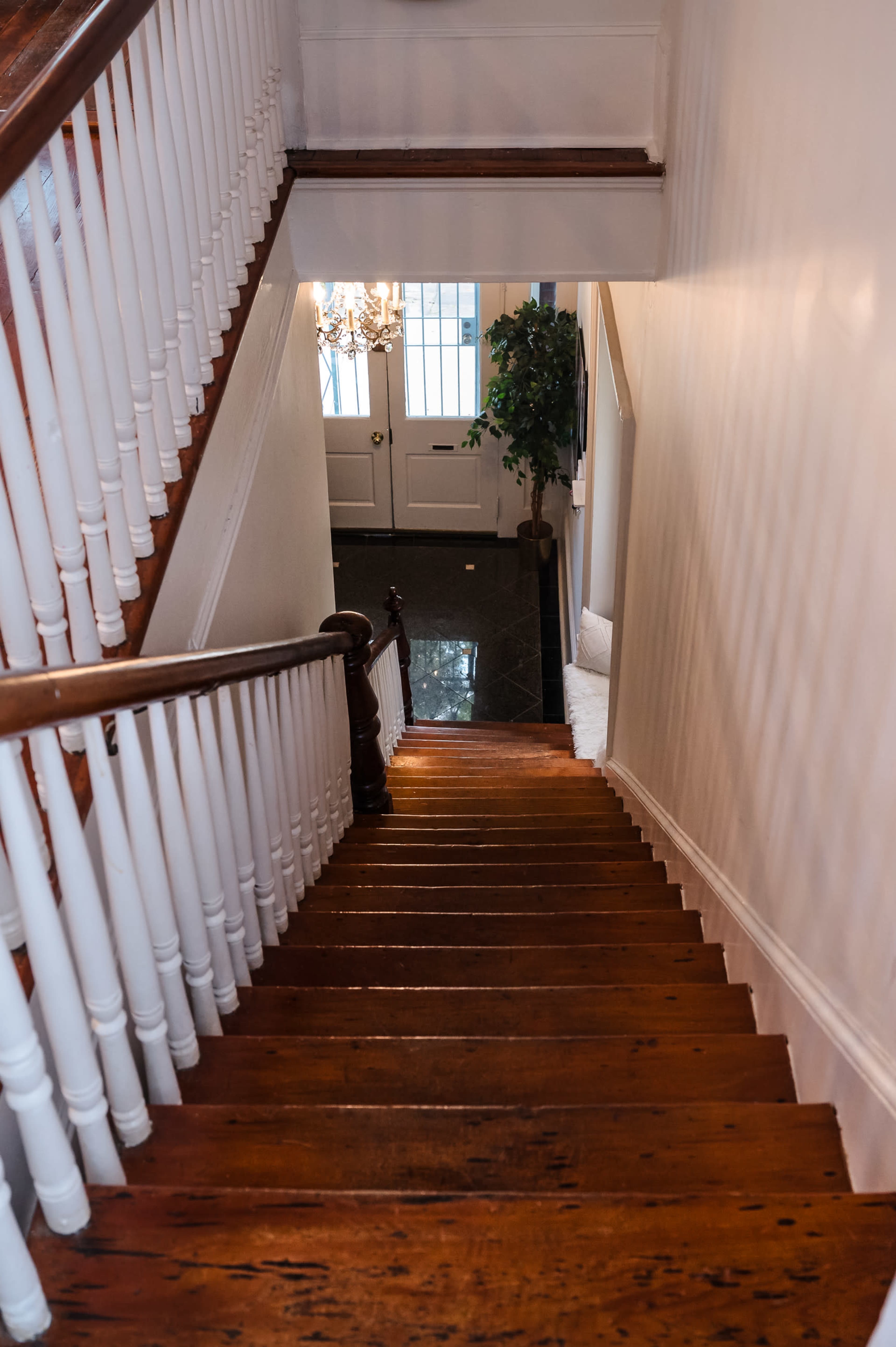 A wooden staircase descends into a hallway featuring a potted plant and a chandelier in the background.