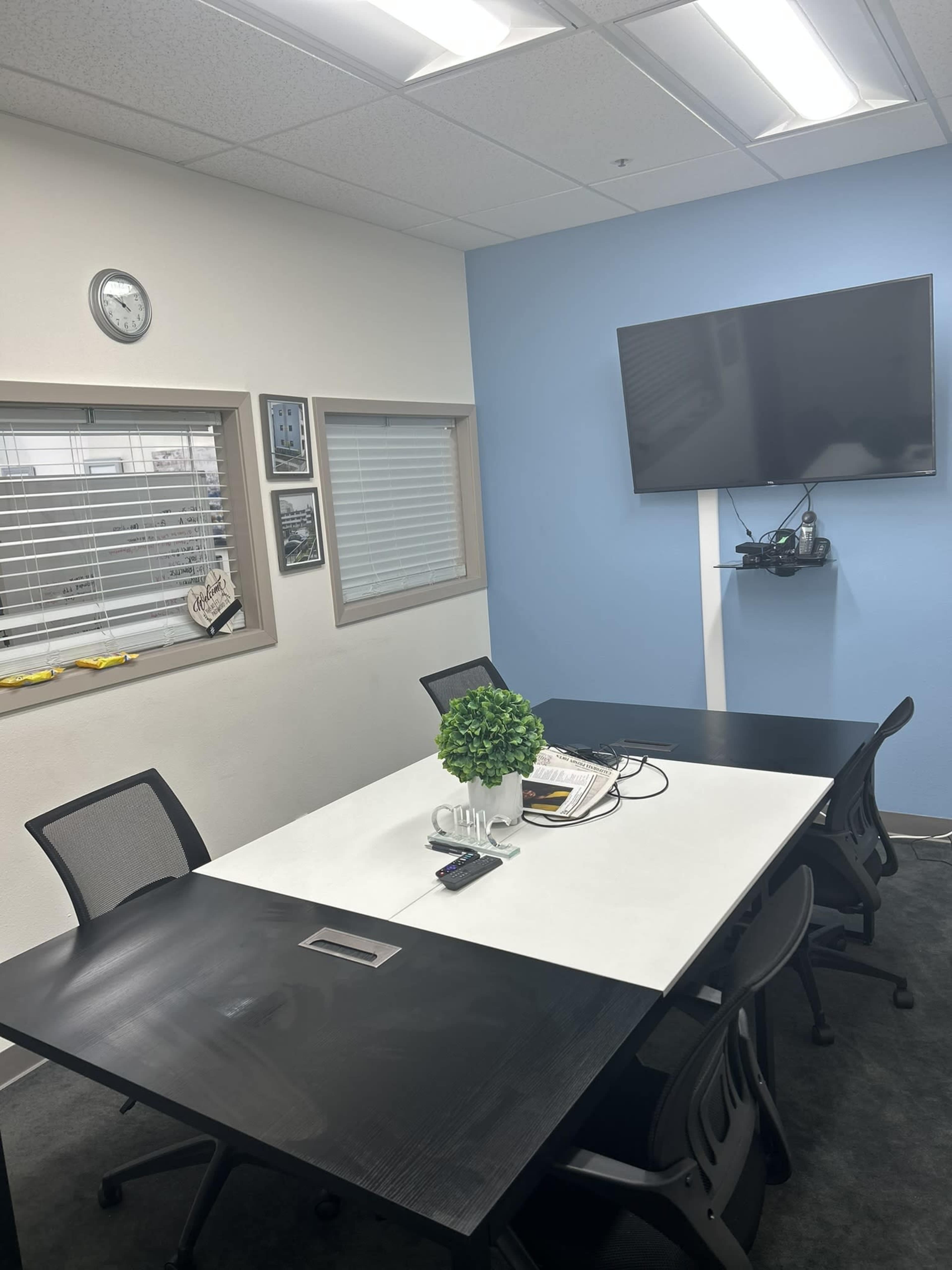 A conference room with a white table, black chairs, a wall-mounted television, and a plant centerpiece.
