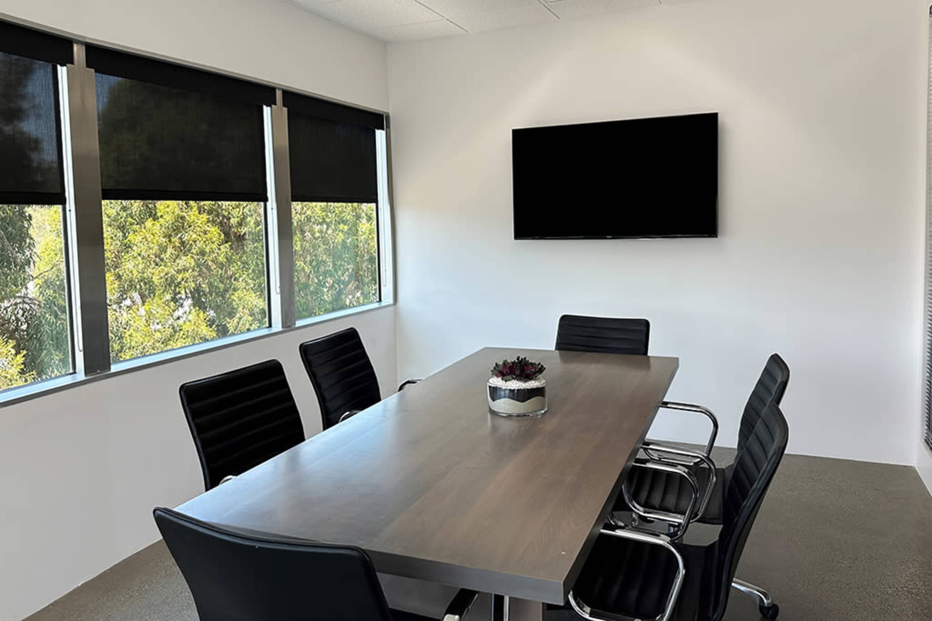 A conference room features a large table surrounded by black chairs, with windows showcasing greenery outside and a blank wall-mounted TV.
