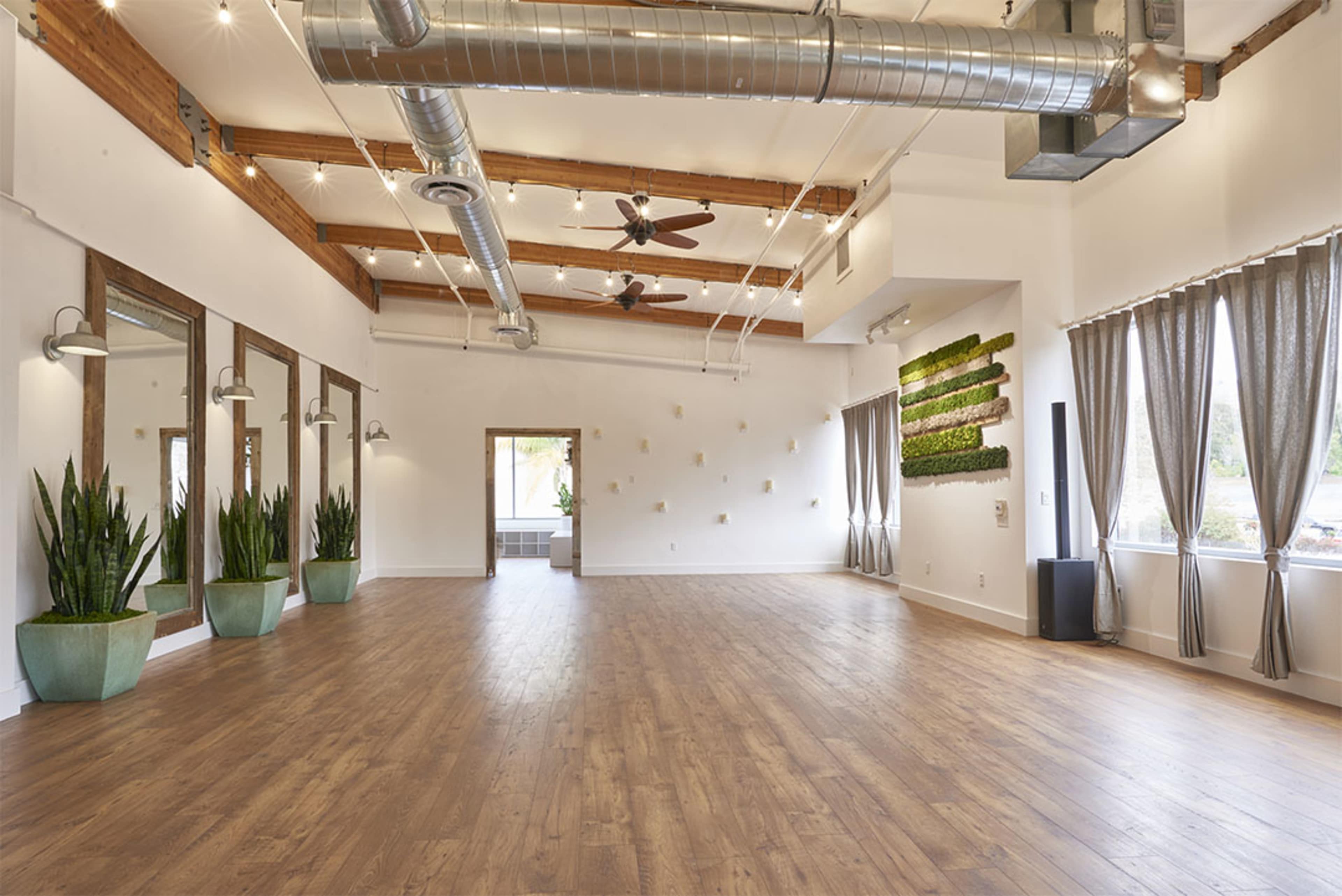 A spacious, well-lit studio with wooden floors, large mirrors, potted plants, and light-colored curtains.