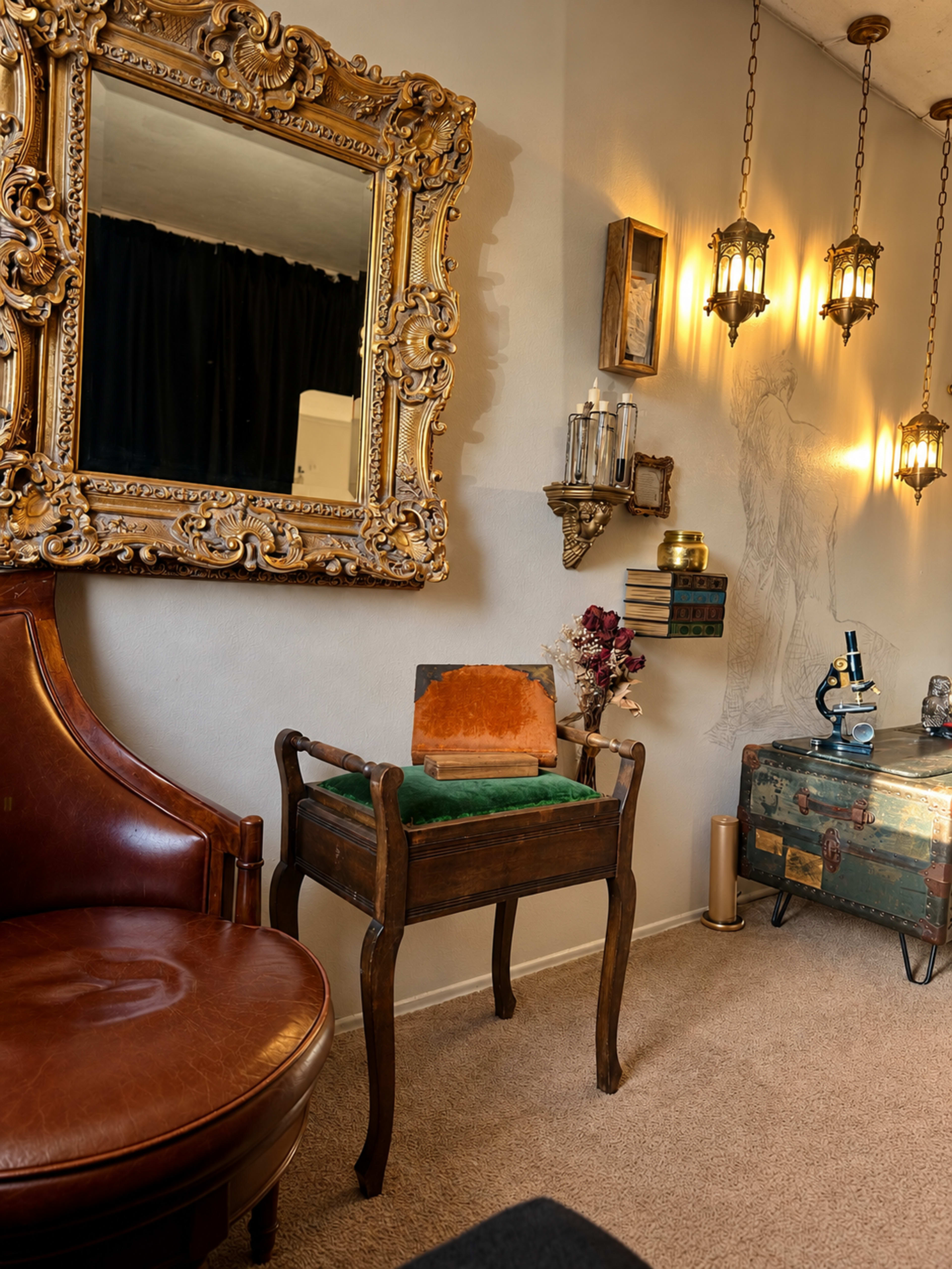 The image depicts a vintage-style room with ornate decor, featuring a large framed mirror, a wooden chair, a green velvet cushion, and decorative lanterns on the wall.