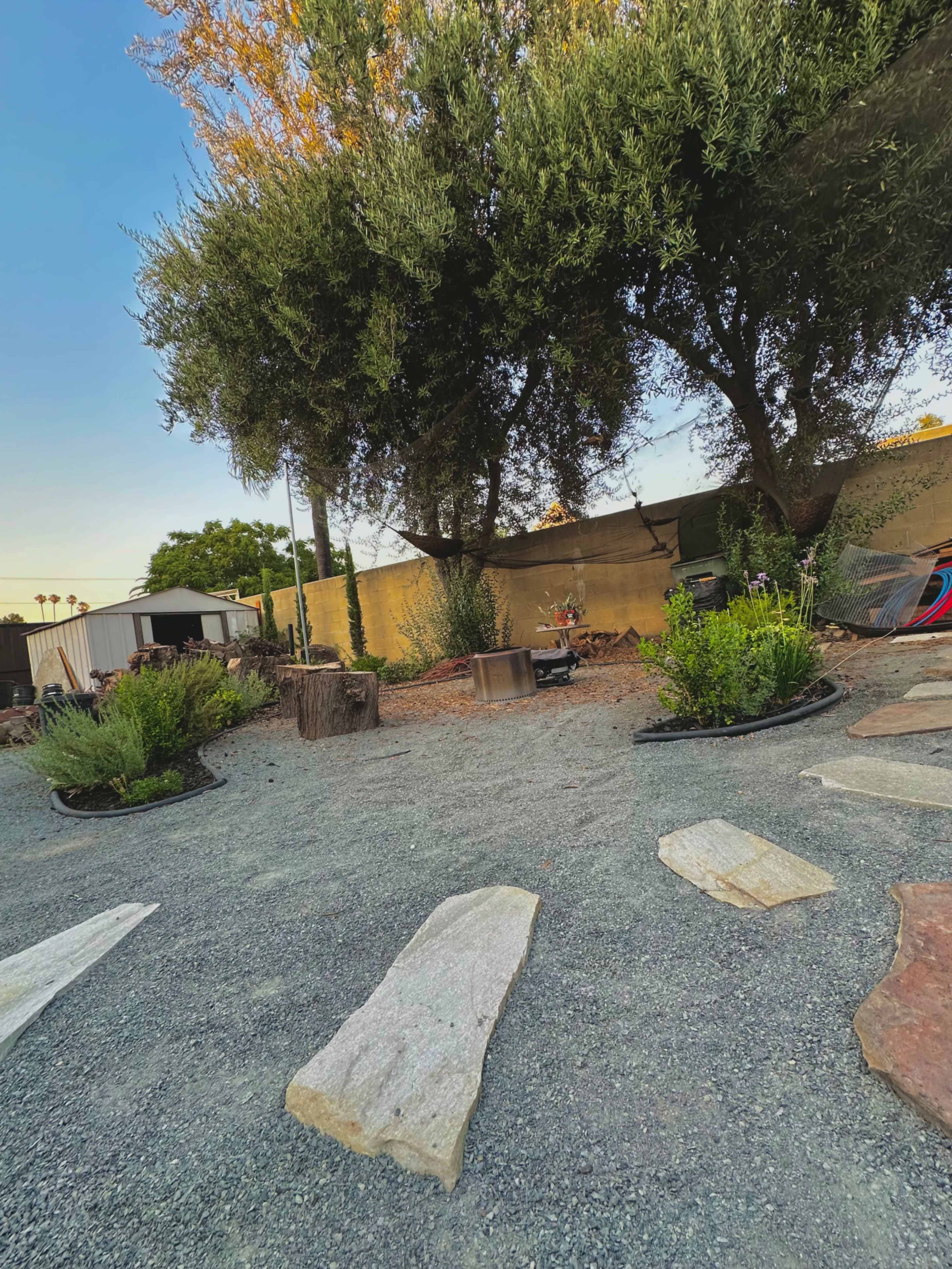 The scene shows a landscaped area with gravel ground, large stones, and various plants under two trees, with storage sheds and a wall in the background.
