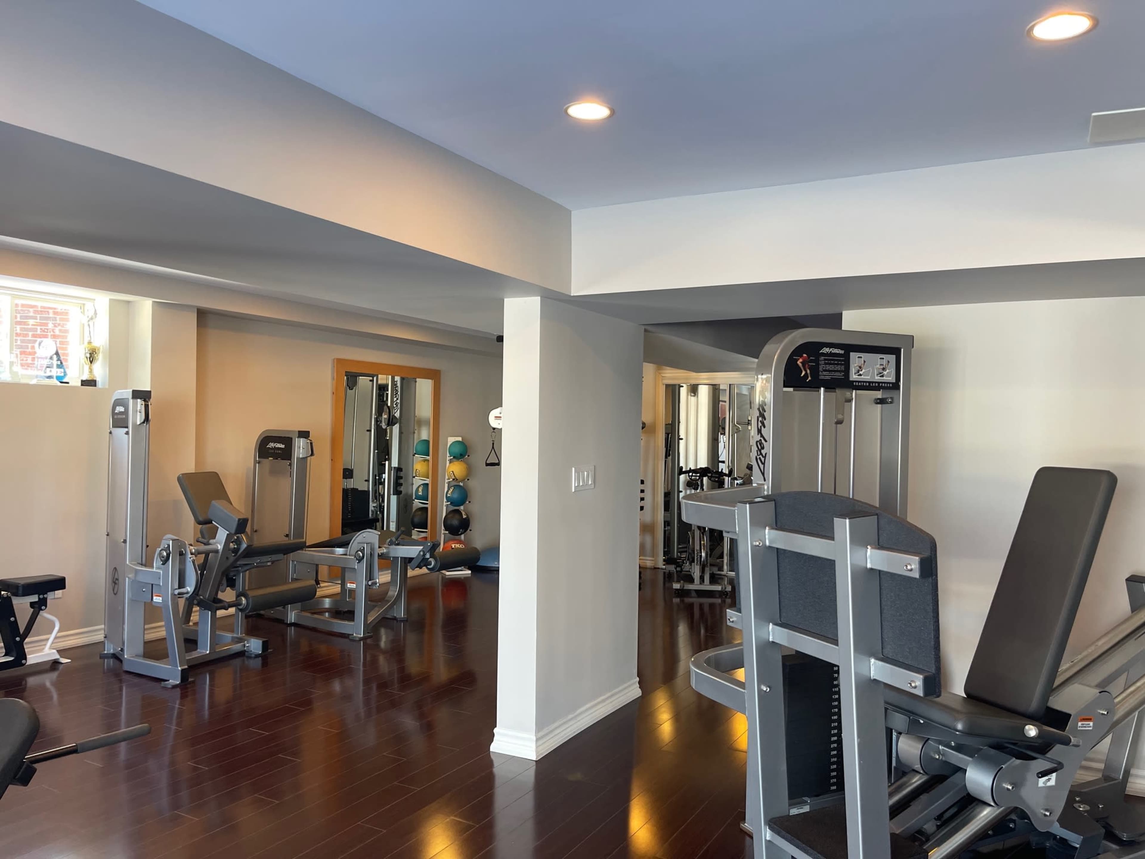 The image shows a modern home gym equipped with various fitness machines and weights on wooden flooring.