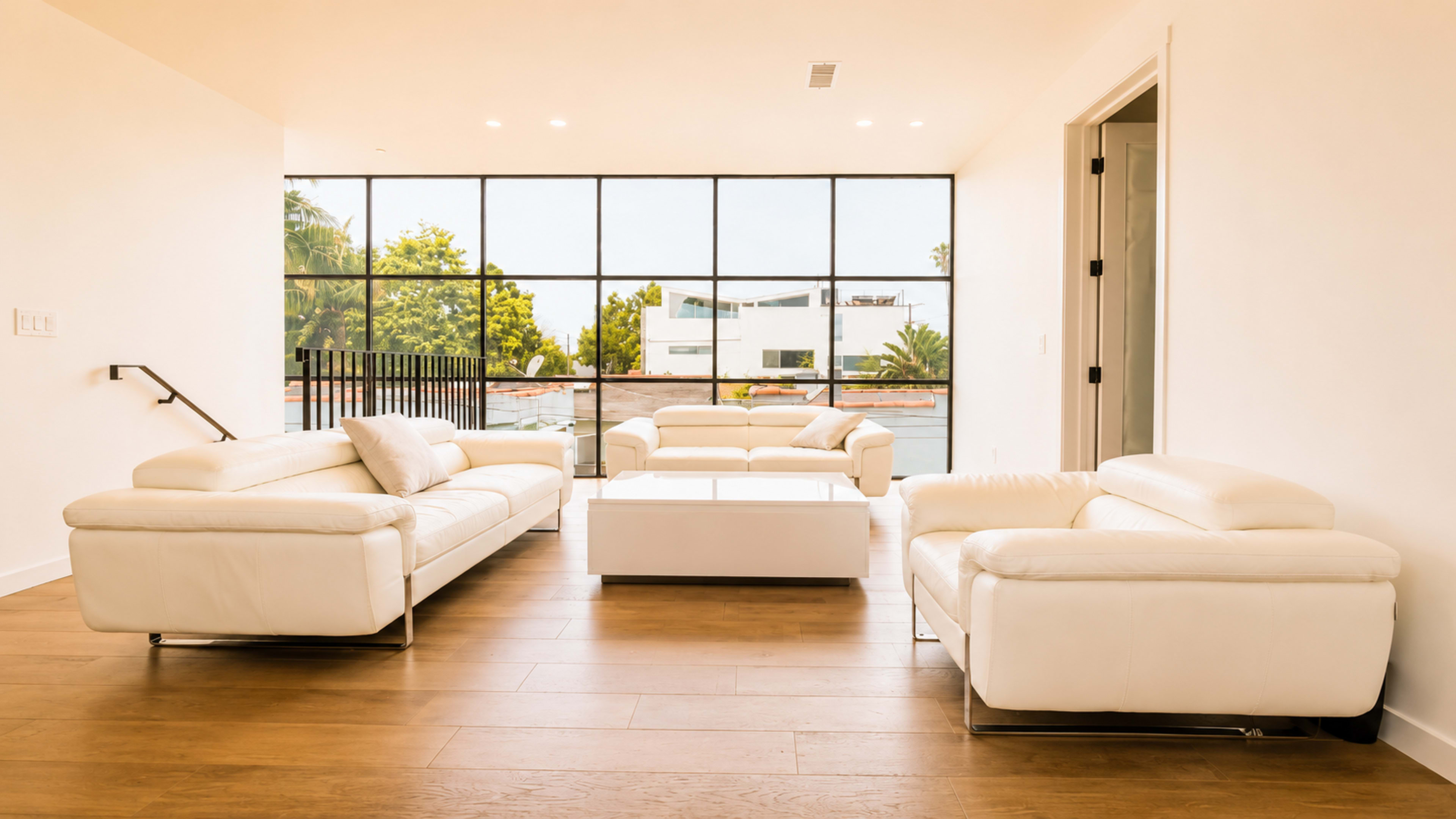 A bright living room features white leather furniture, including two sofas and an armchair, arranged around a white coffee table in front of large windows.