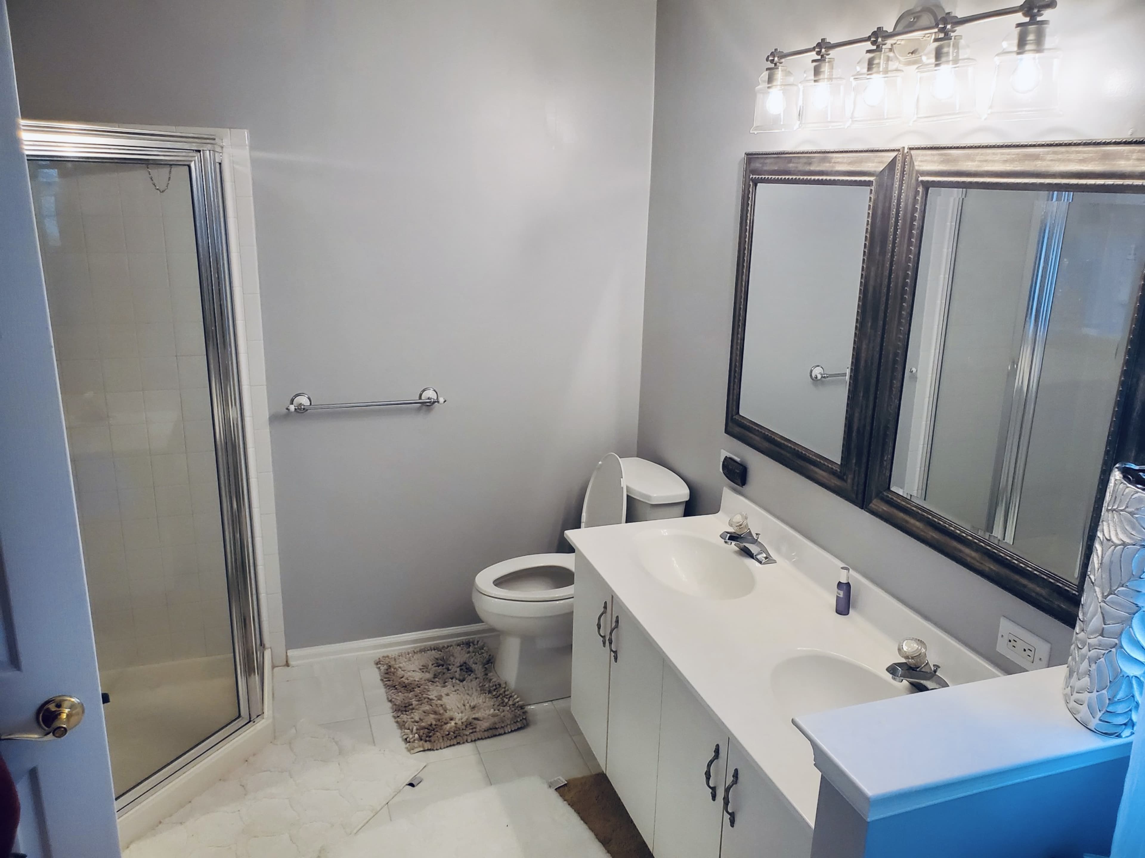 The image shows a bathroom featuring a double vanity with two sinks, a mirror above each sink, a toilet, and a shower enclosure.