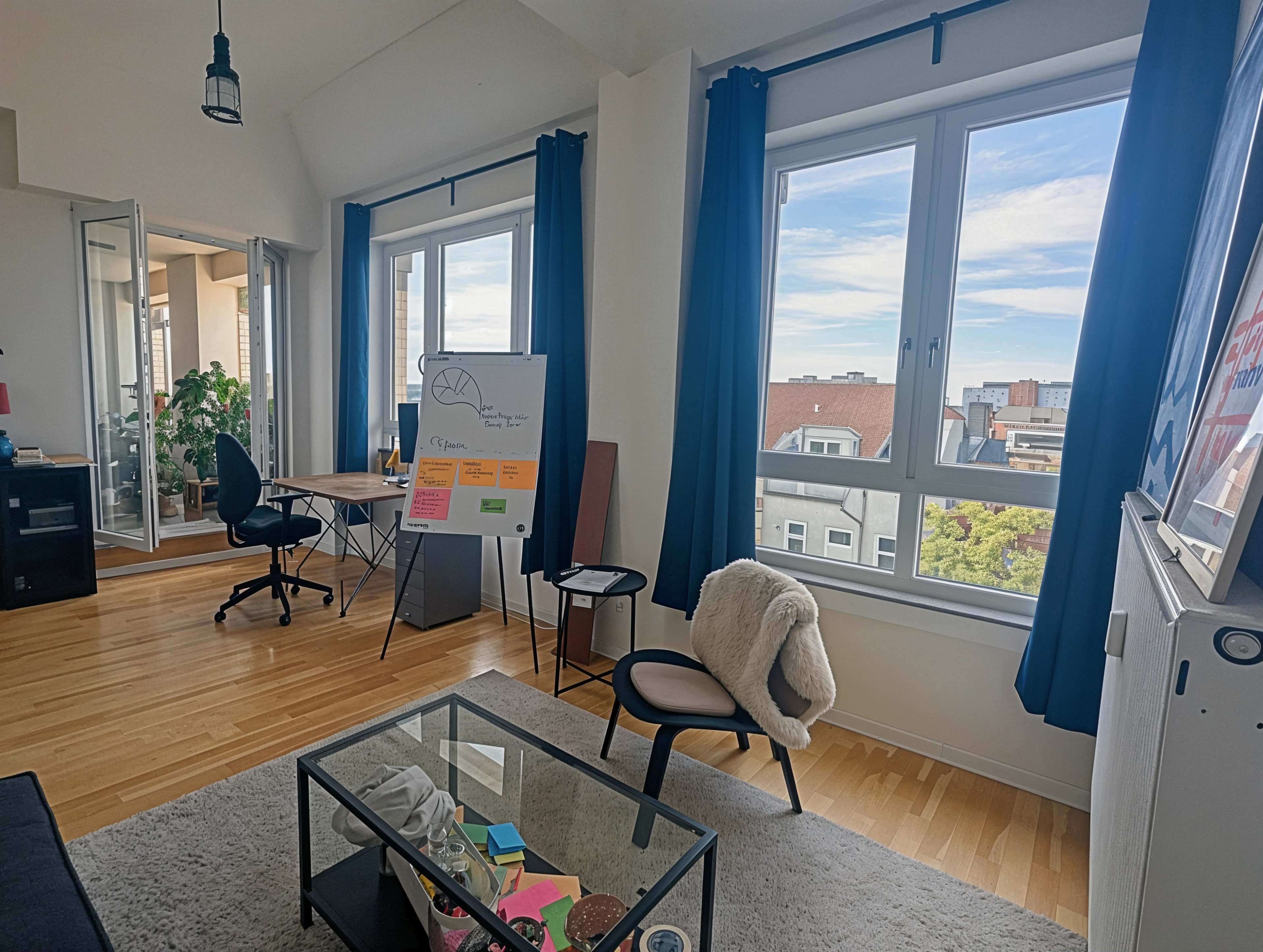 A bright room features large windows with blue curtains, a glass coffee table, and a desk with a chair beside a presentation board.