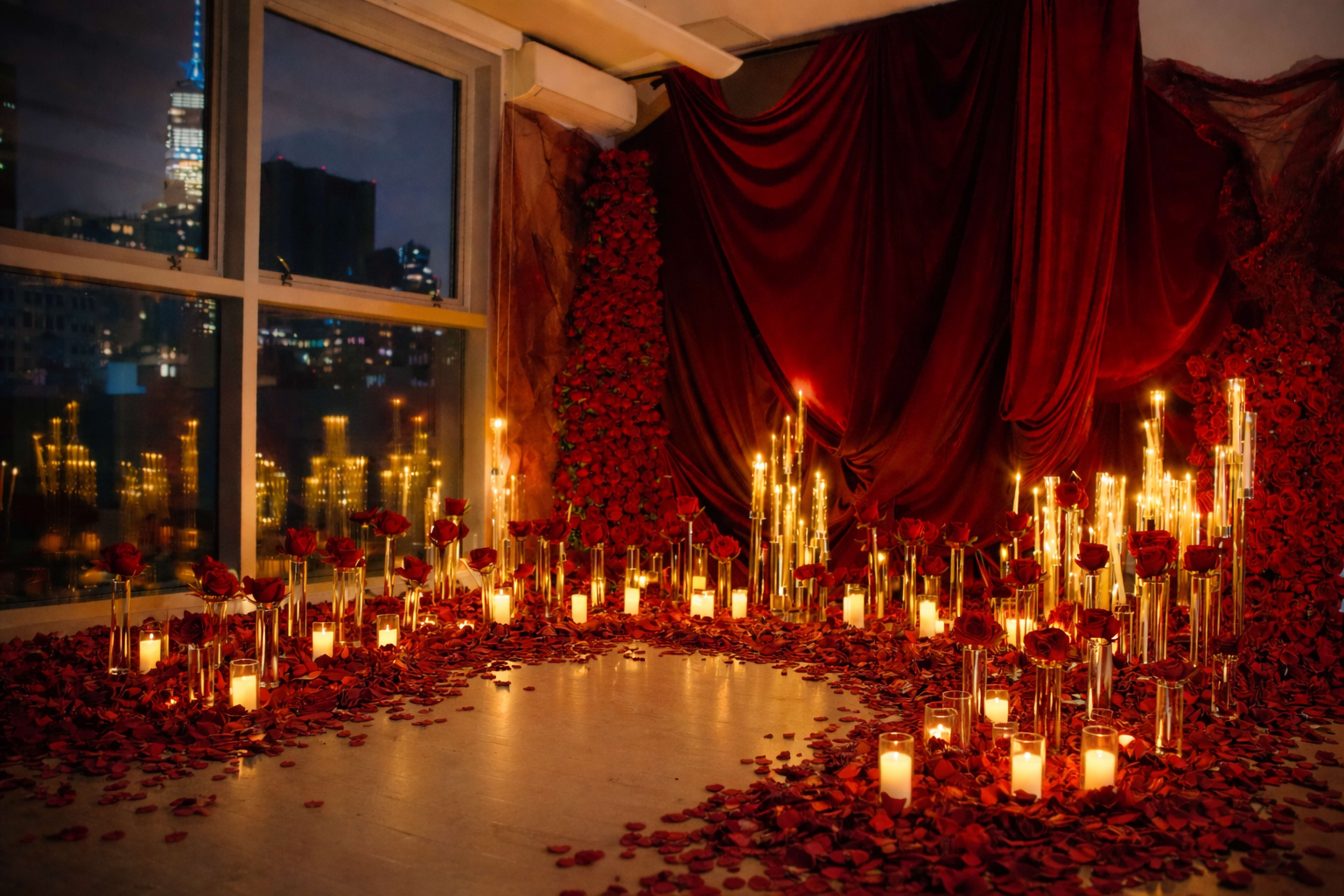 The scene features a dimly lit room decorated with red roses and candles arranged around a circular area, with large windows showing a skyline view at night.