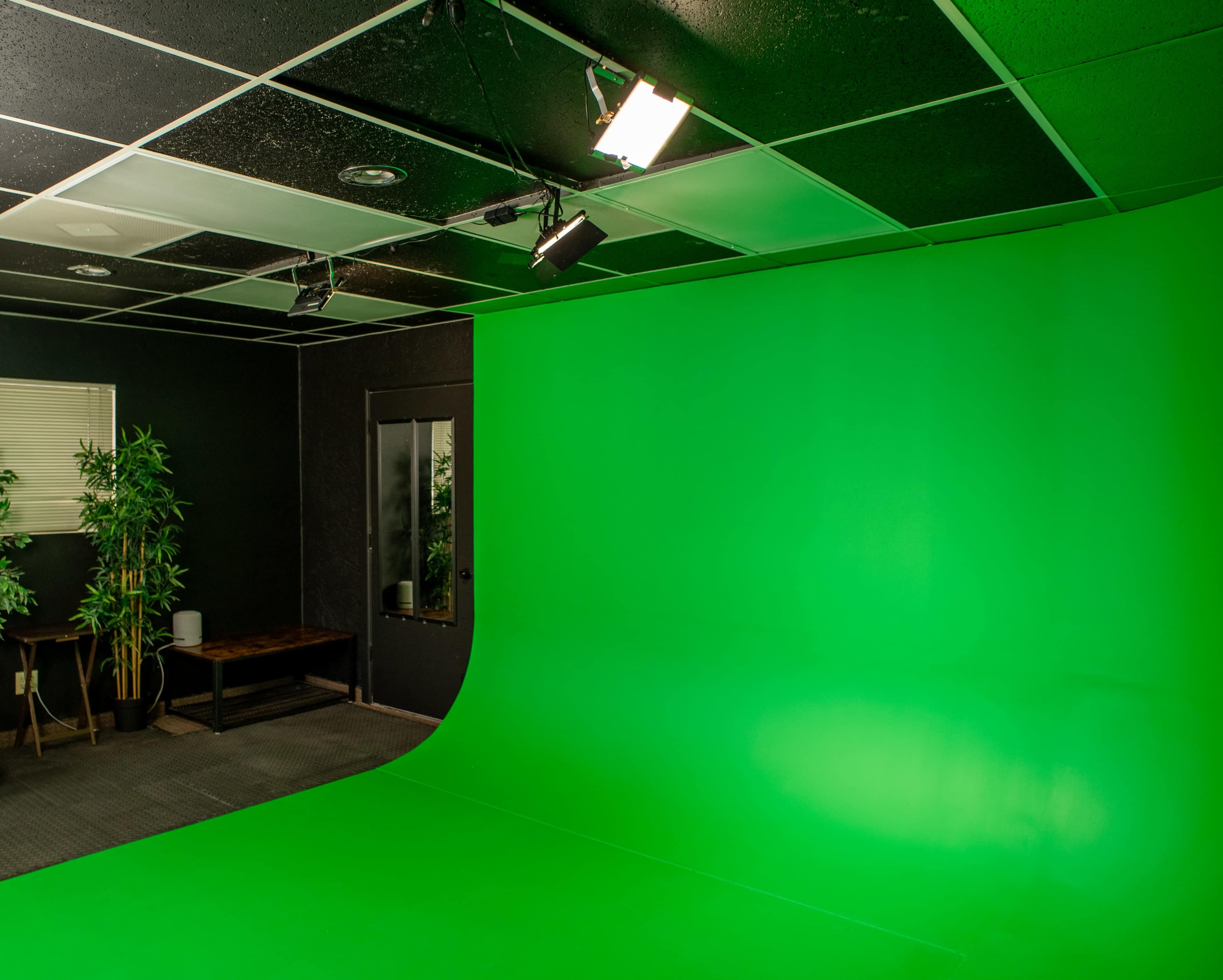 The image shows a studio room with a green screen backdrop, soft lighting, a potted plant, and a dark wooden bench against one wall.