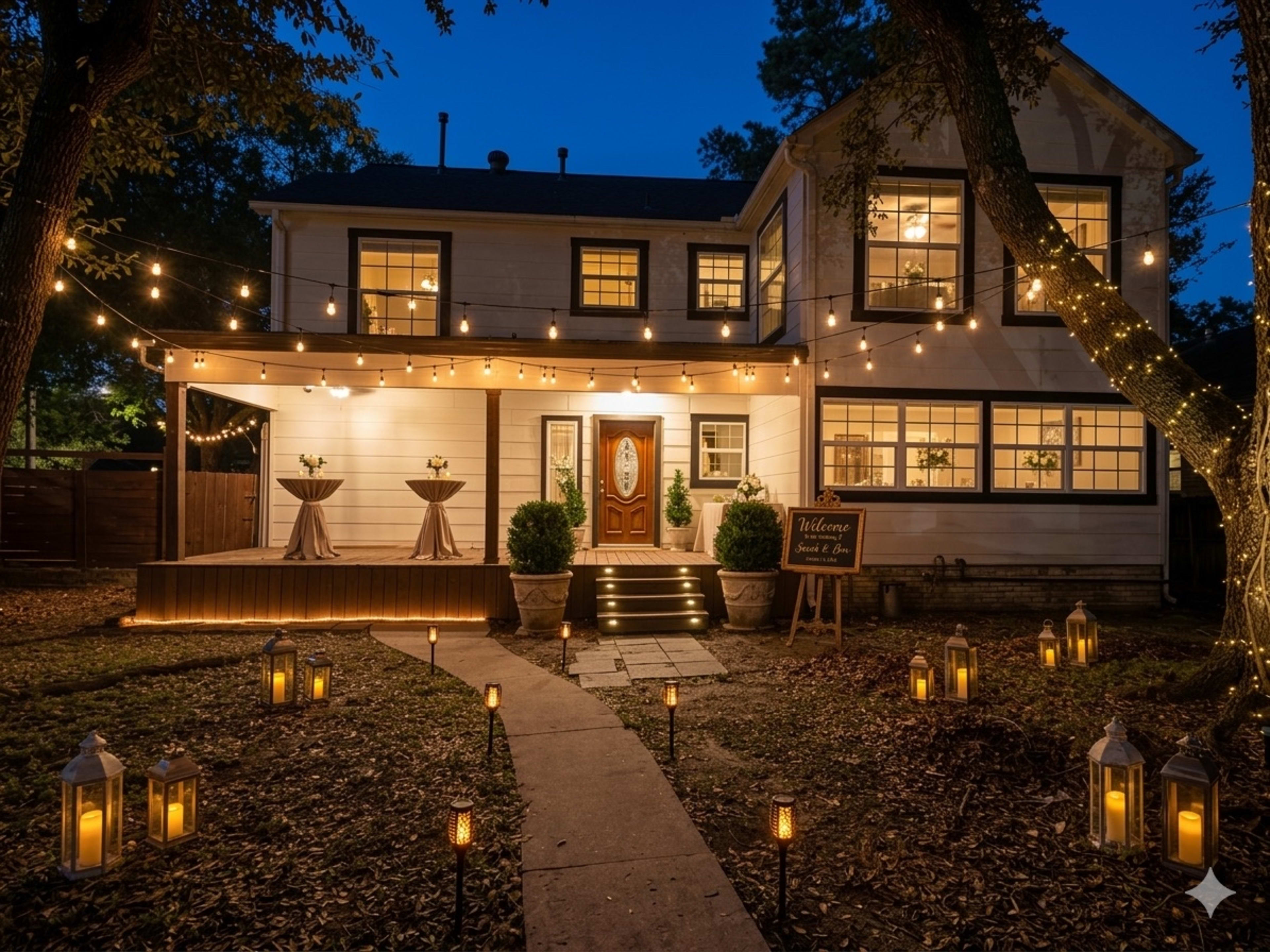 A two-story house with string lights, lanterns lining the path, and potted plants at the entrance creates a welcoming evening atmosphere.