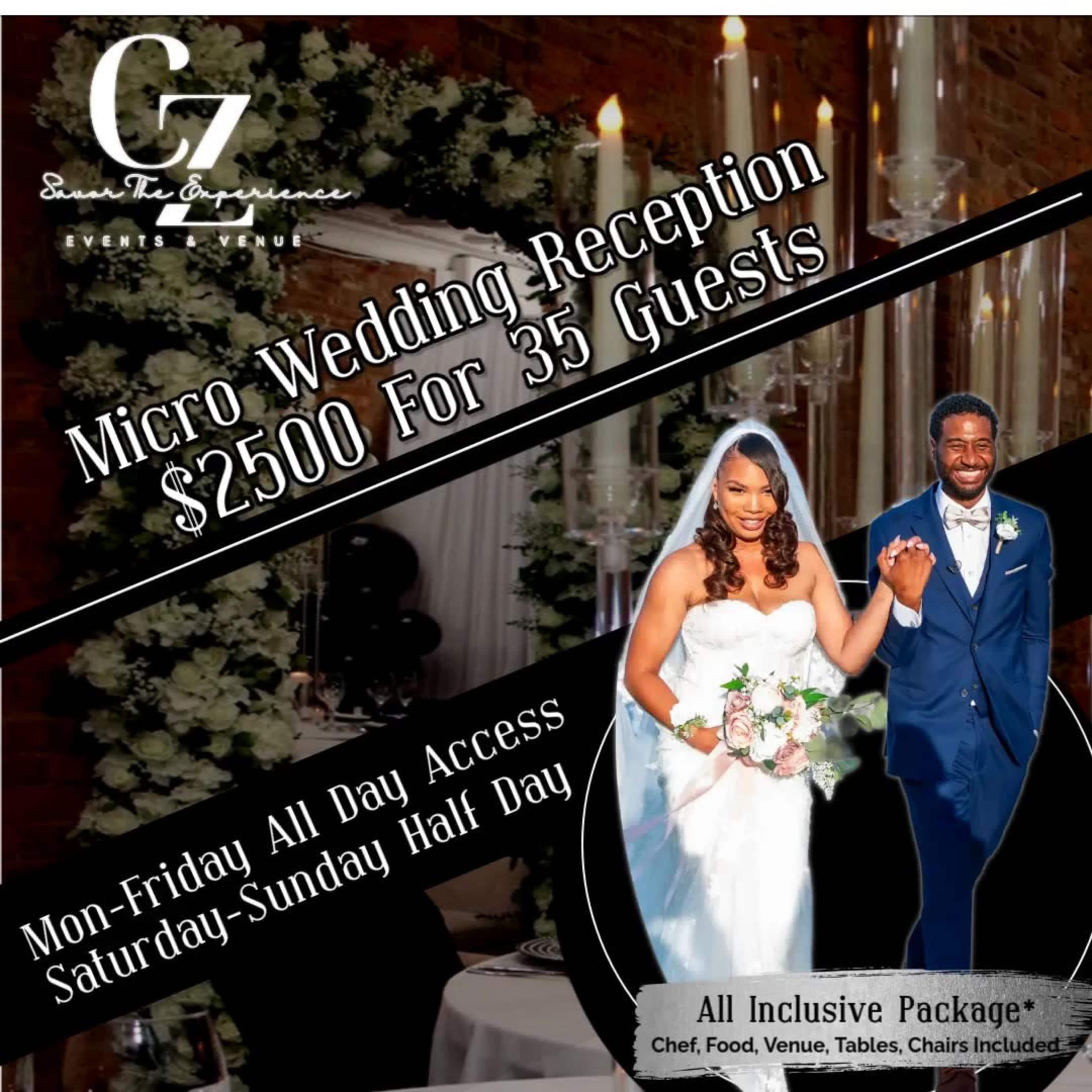 The image promotes a micro wedding reception package at an event venue for $2,500, accommodating 35 guests with details on access times and inclusions.