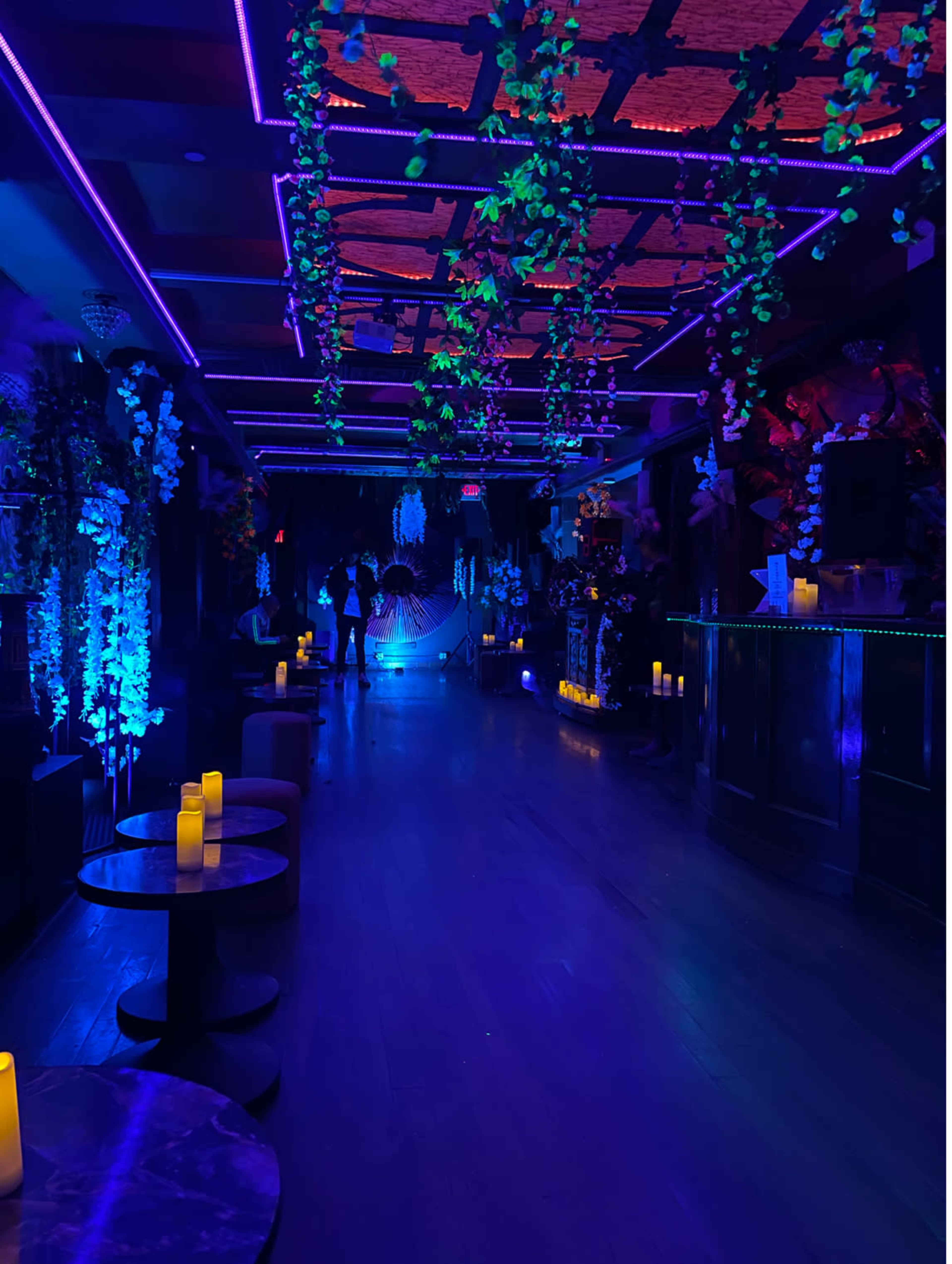 A dimly lit lounge with tables and artificial candles, adorned with hanging plants and colorful neon lighting.