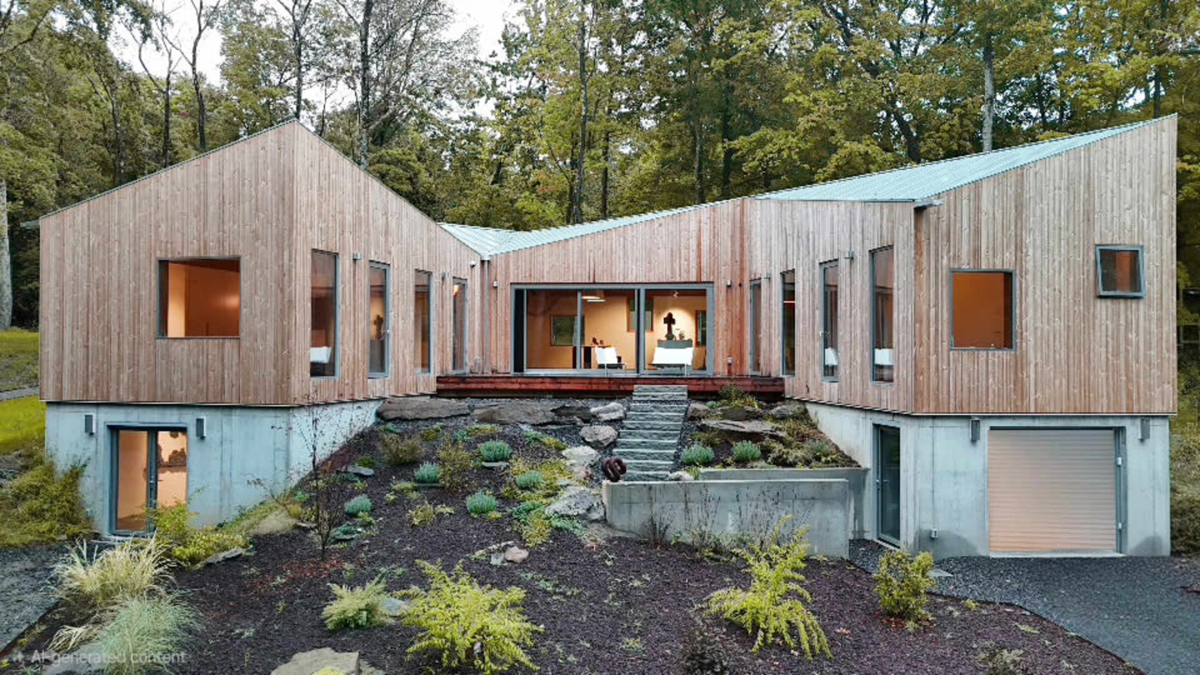 The image shows a modern wooden house built on a hillside, featuring large windows and a series of stepped levels that integrate with the surrounding landscape.