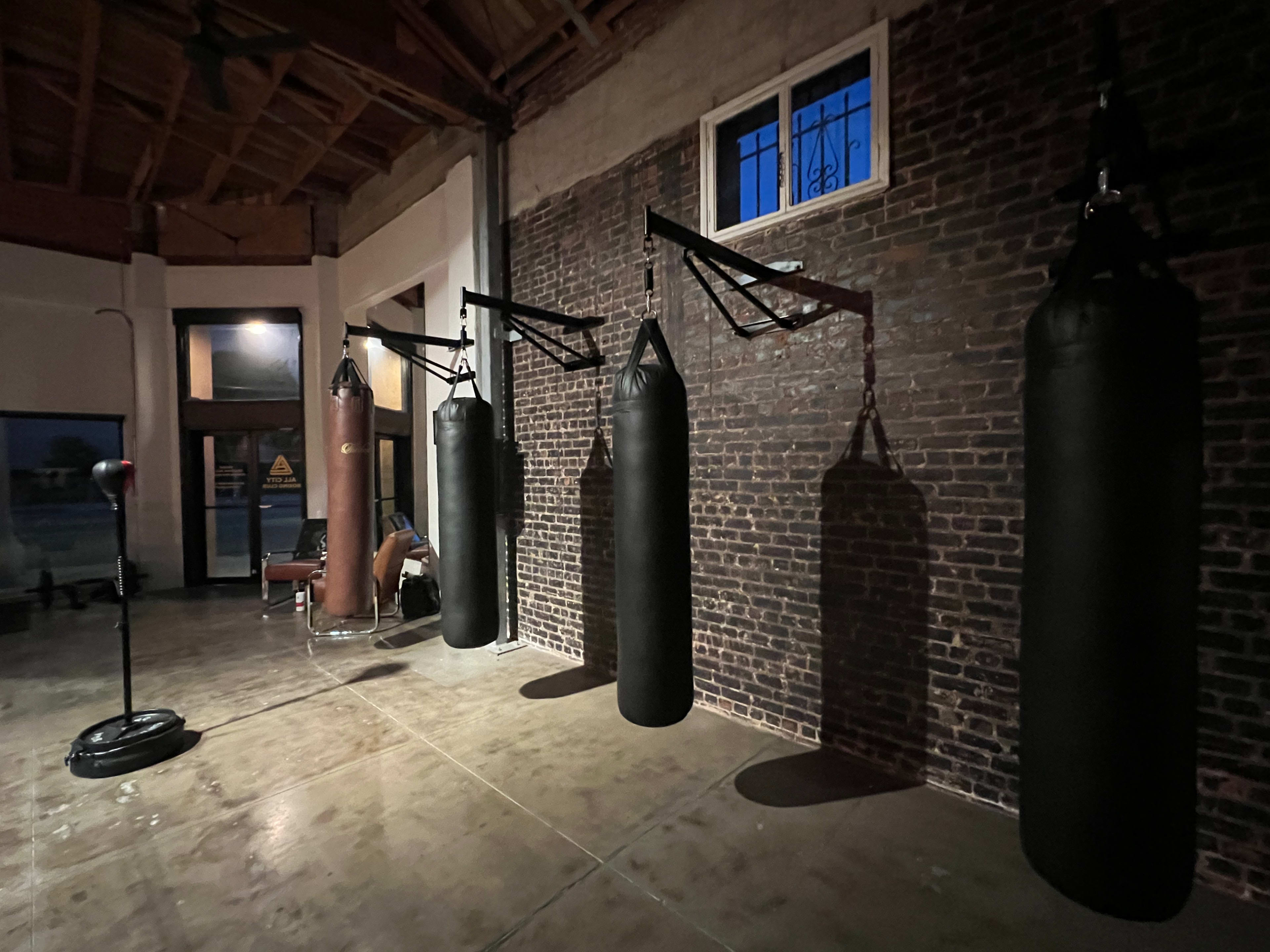 A boxing gym featuring several heavy punching bags arranged against a brick wall, with a freestanding punching bag in the foreground.