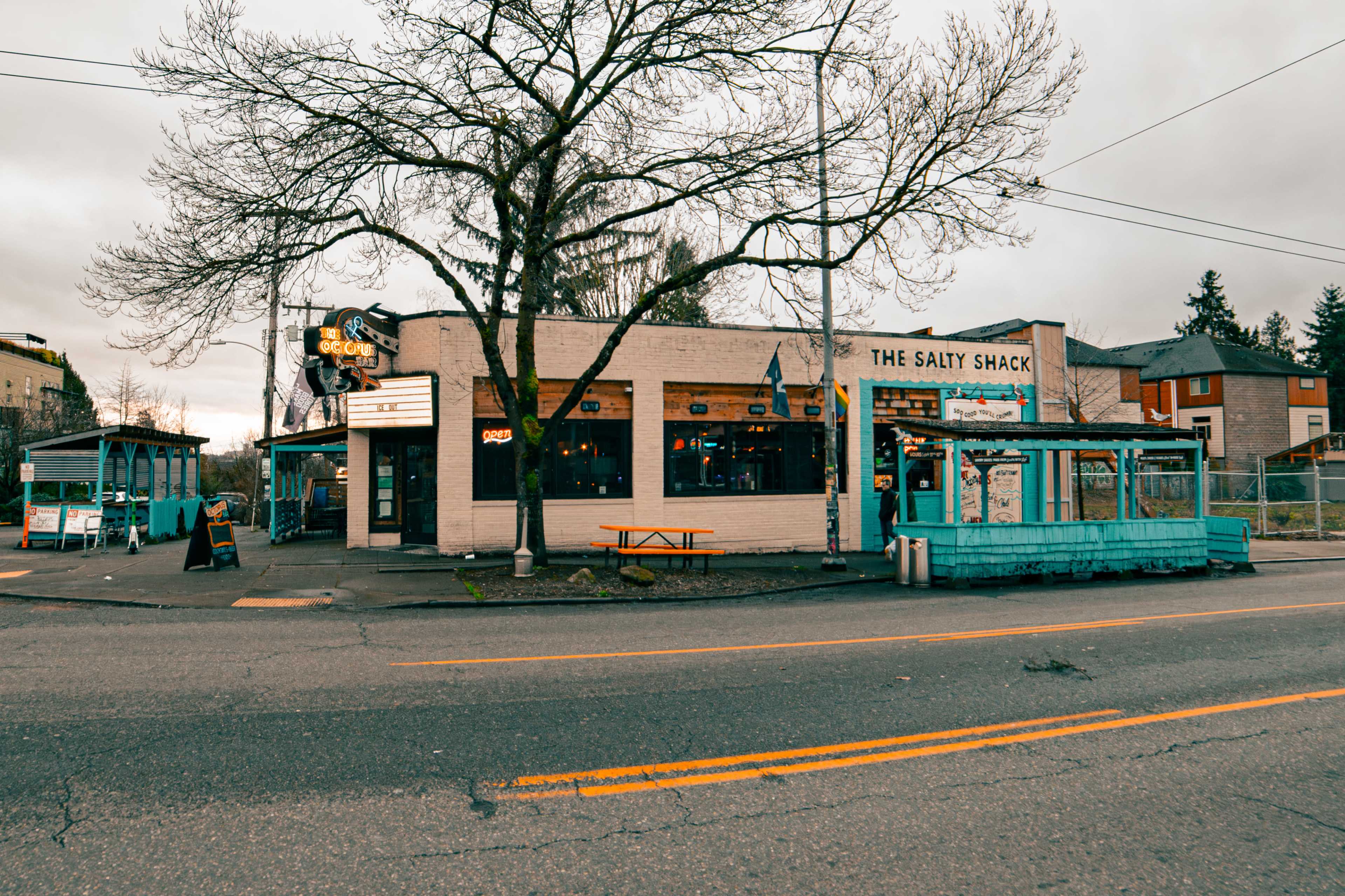 The image shows a corner restaurant called "The Salty Shack" with outdoor seating and a large tree in front, located on a street with two lanes.