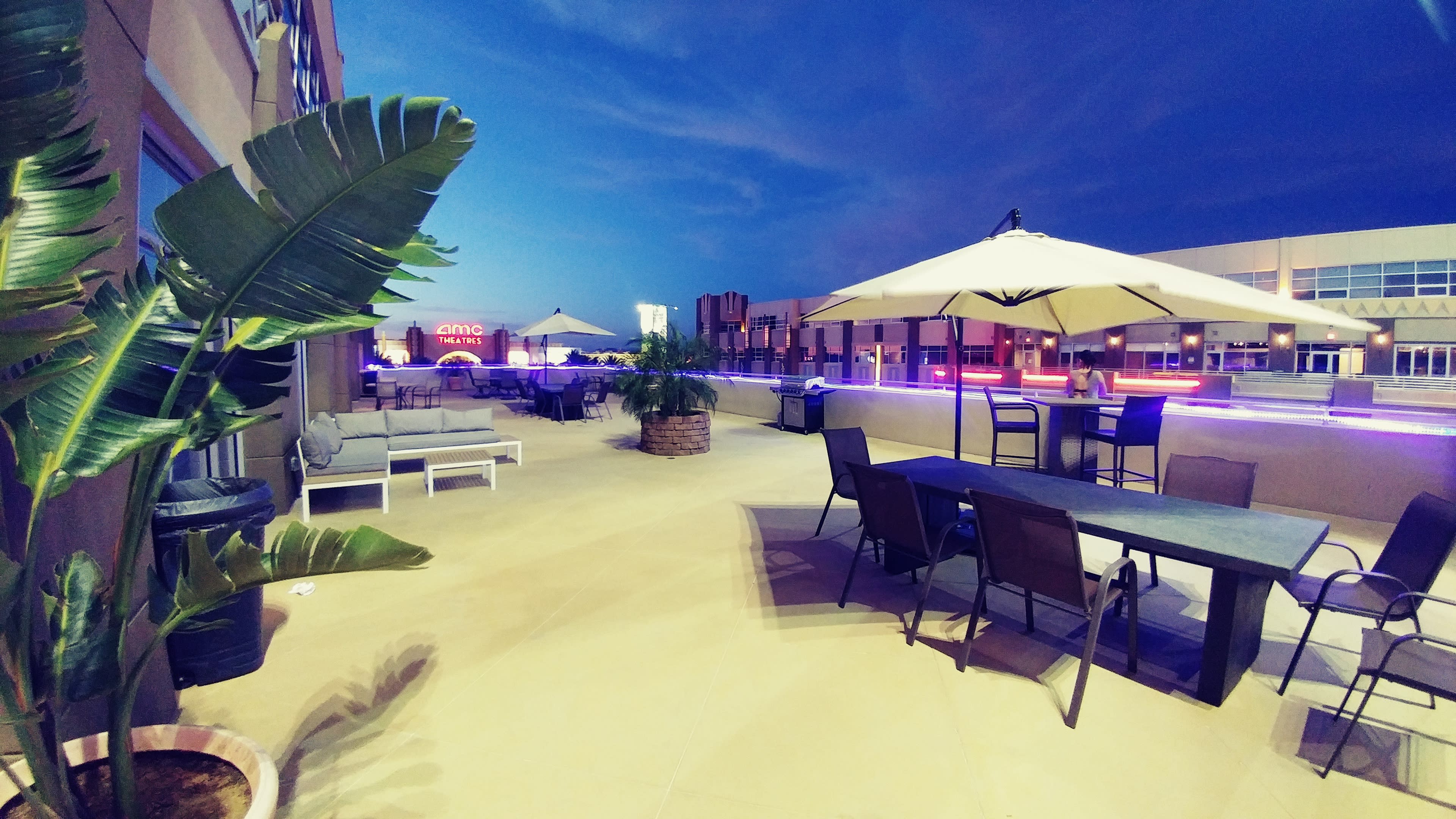 An outdoor seating area with lounge chairs, tables, and umbrellas, surrounded by a lush plant and a view of a lit-up building in the background at dusk.