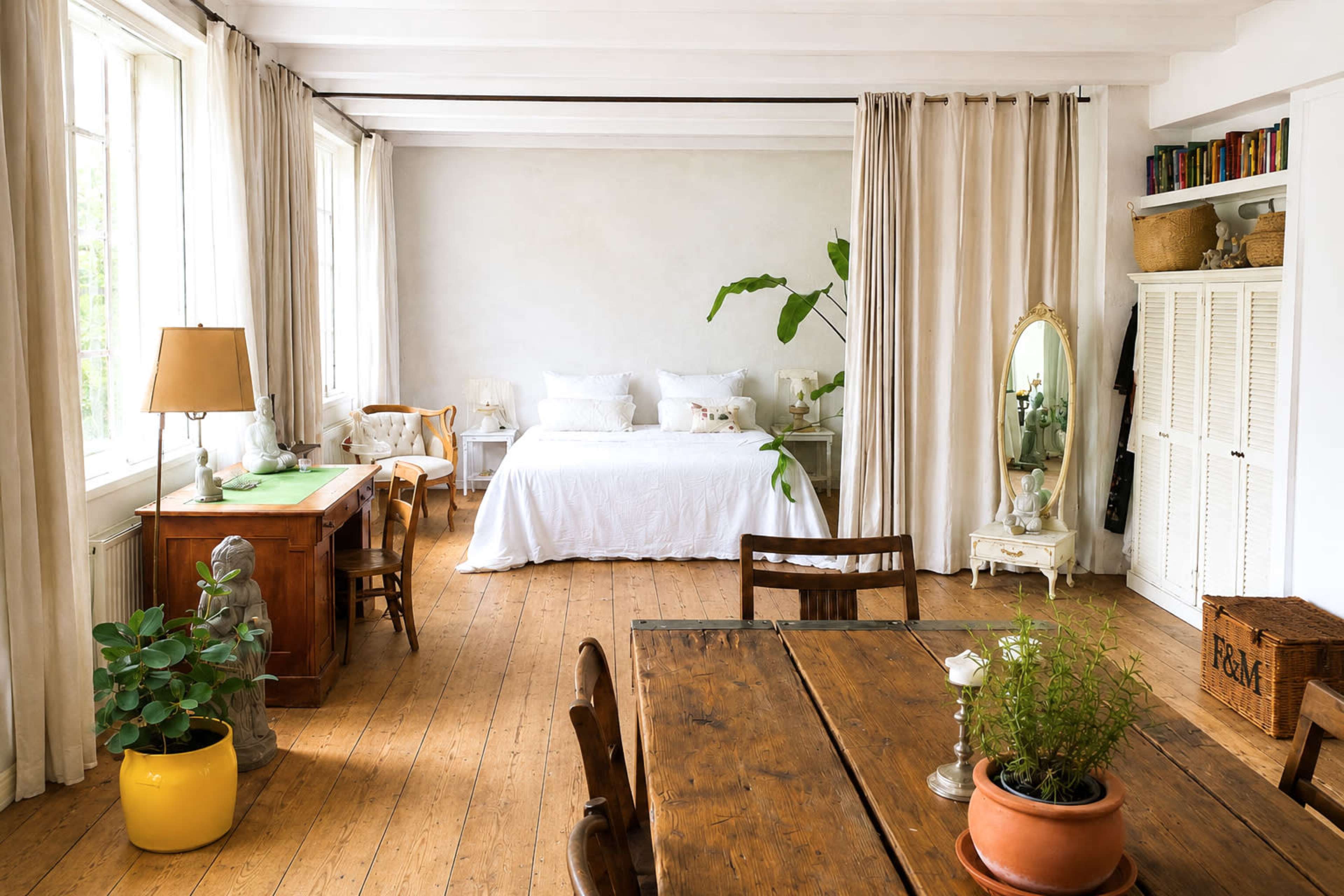 The image shows a bright, airy bedroom with a white bed, wooden flooring, and a dining table surrounded by chairs.