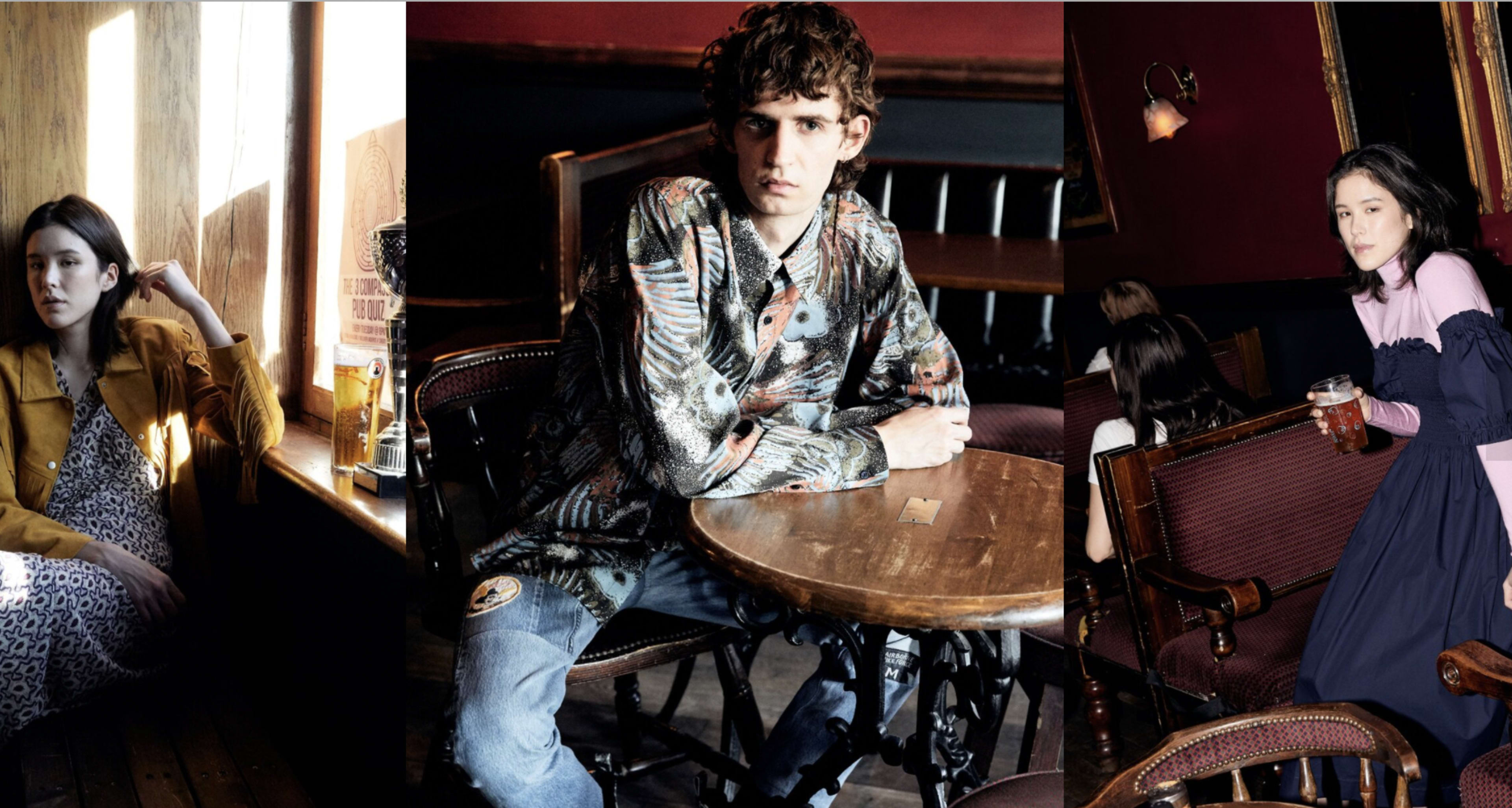 Three distinct scenes of individuals seated in a café setting, with varying styles of clothing and décor.