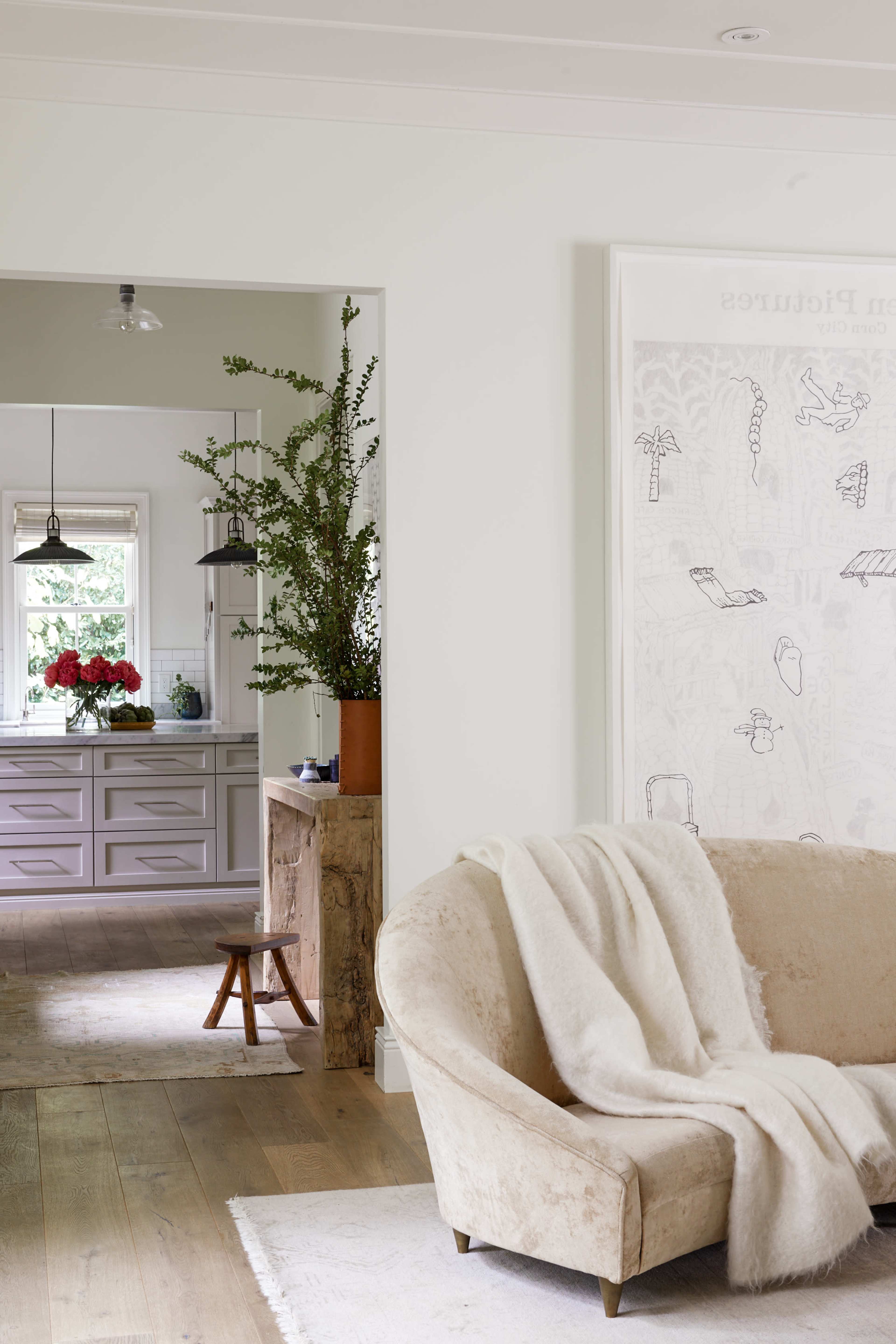 A beige couch with a white throw blanket is positioned in a well-lit living room, leading to a kitchen area with a grey cabinet and a potted plant.