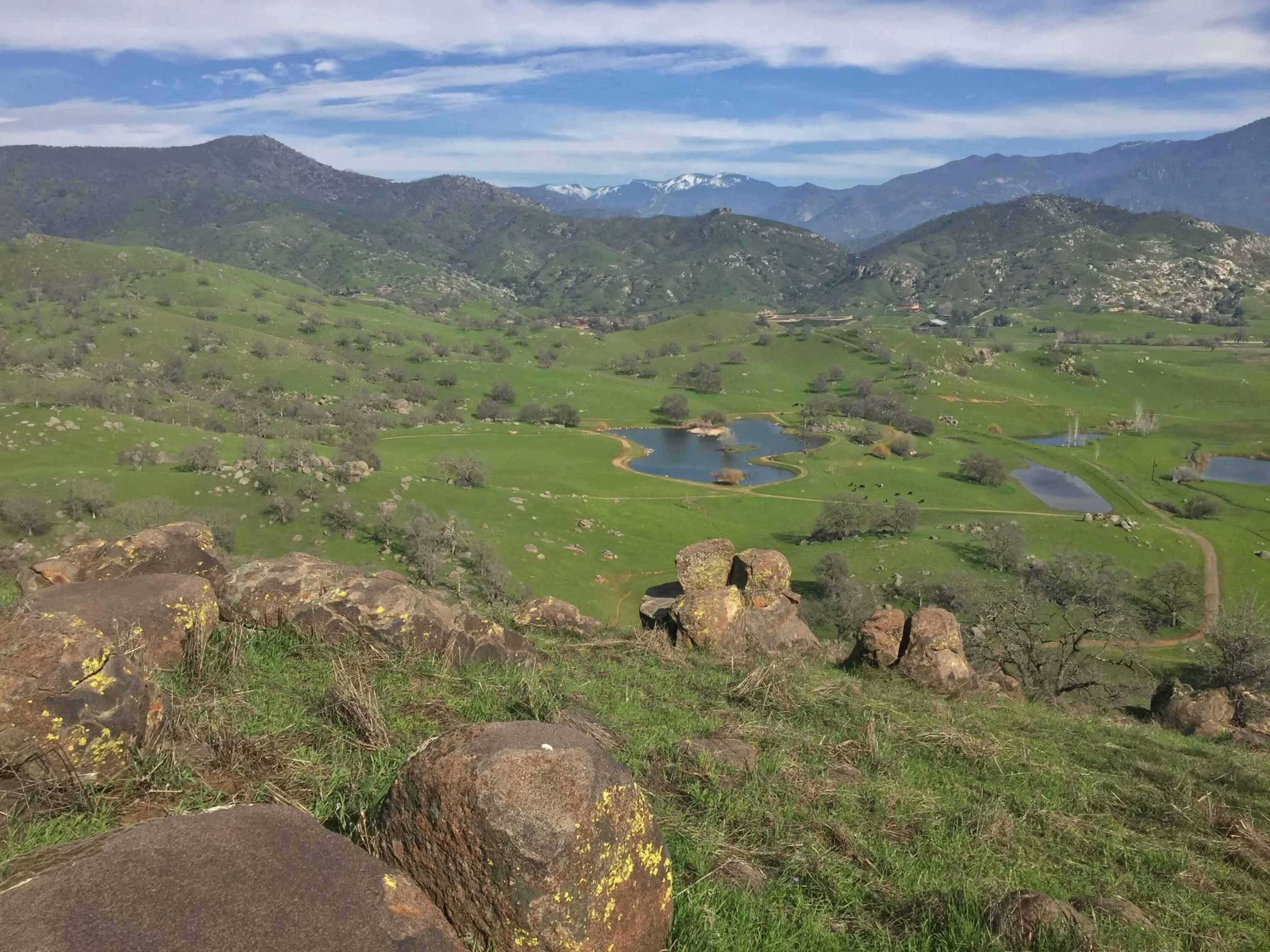 The image shows a panoramic view of rolling green hills dotted with trees, lakes, and distant snow-capped mountains under a partly cloudy sky.
