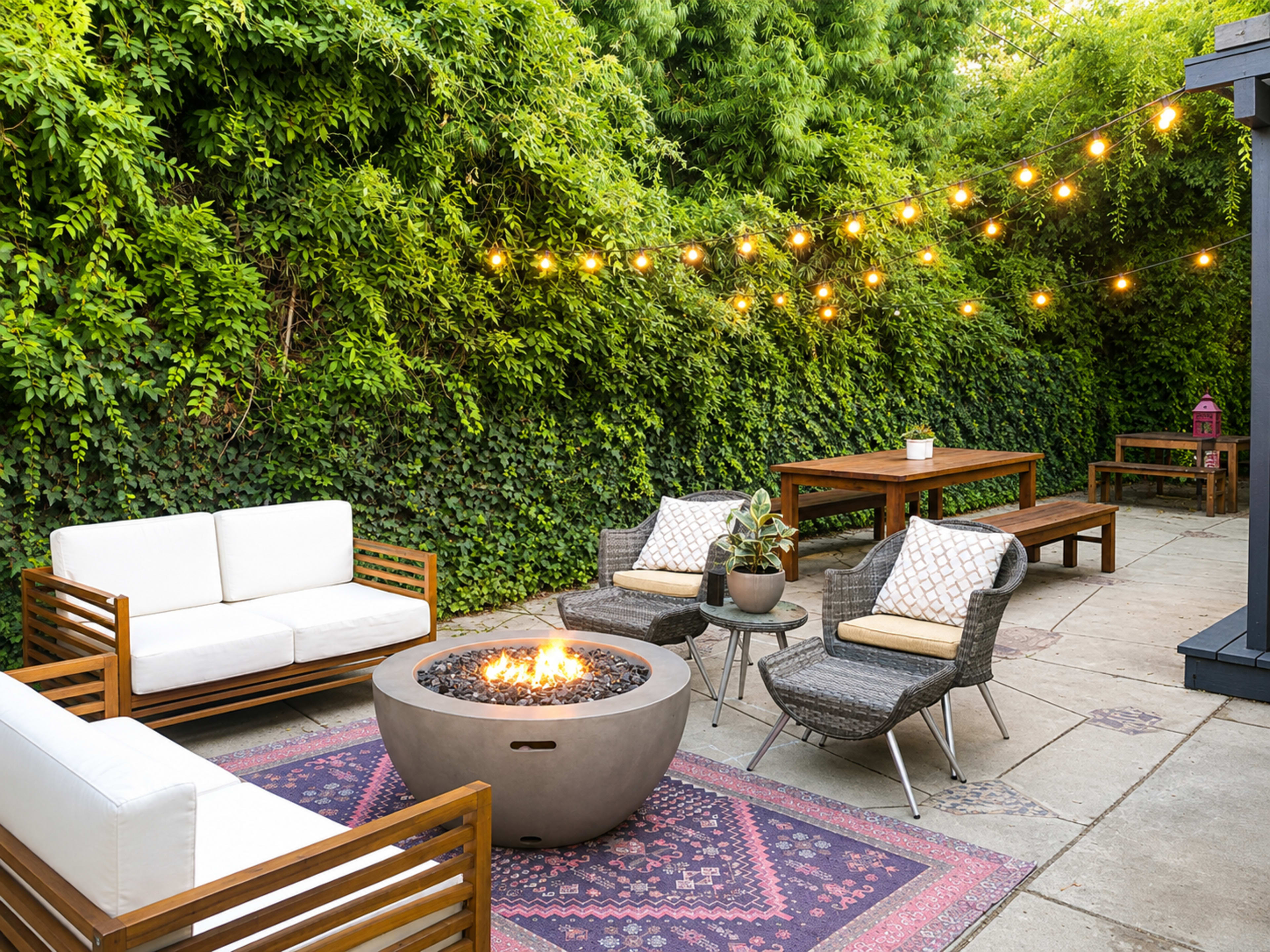 A backyard patio features a fire pit surrounded by seating, with string lights overhead and lush greenery in the background.