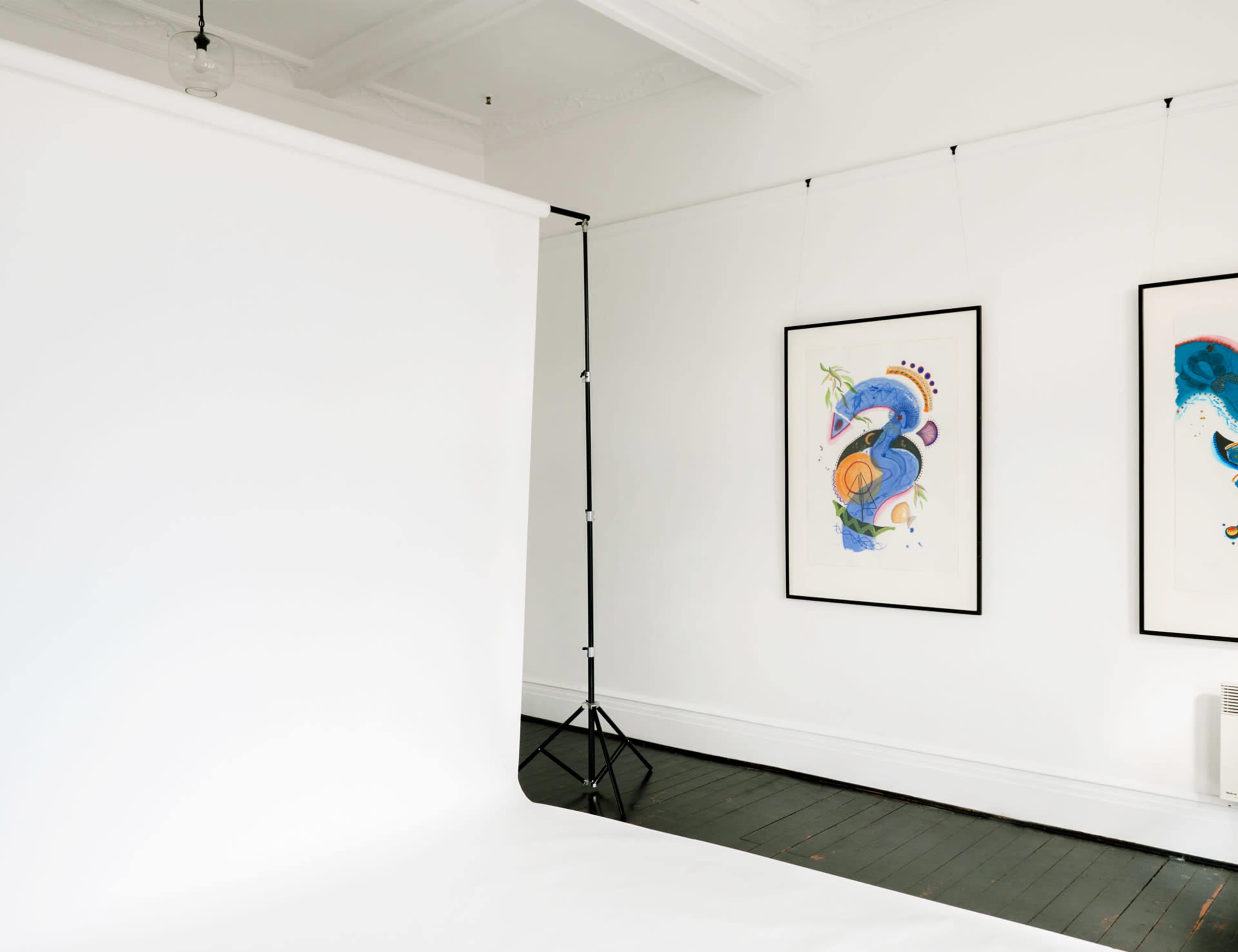 A photography studio featuring a white backdrop, a support stand, and two framed artworks on the wall.