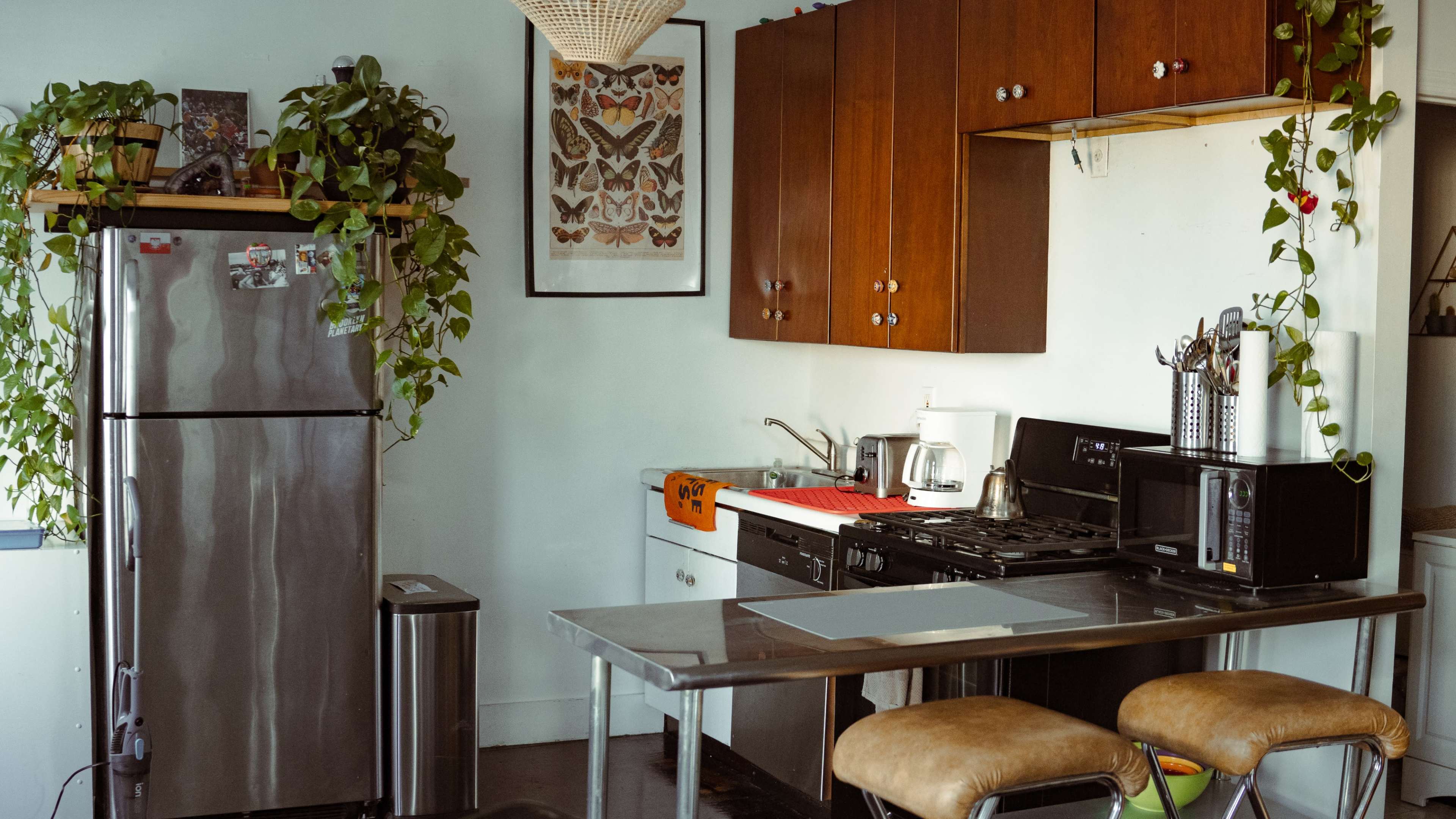 The image shows a kitchen featuring a stainless steel refrigerator, a black gas stove, and a dining table with two stools, surrounded by indoor plants.