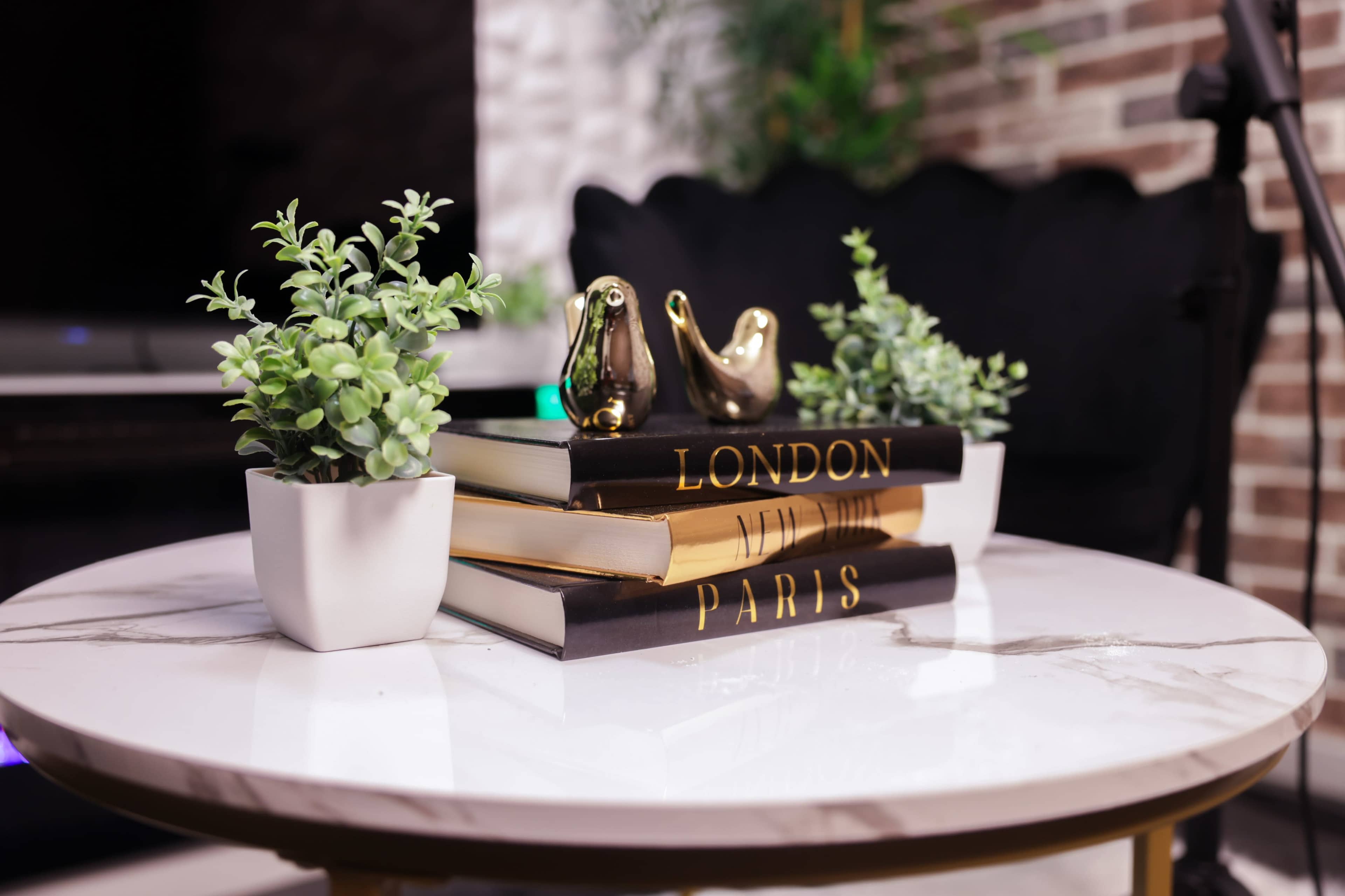 A marble coffee table features stacked books titled "LONDON" and "PARIS" alongside small potted plants and decorative golden bird figurines.