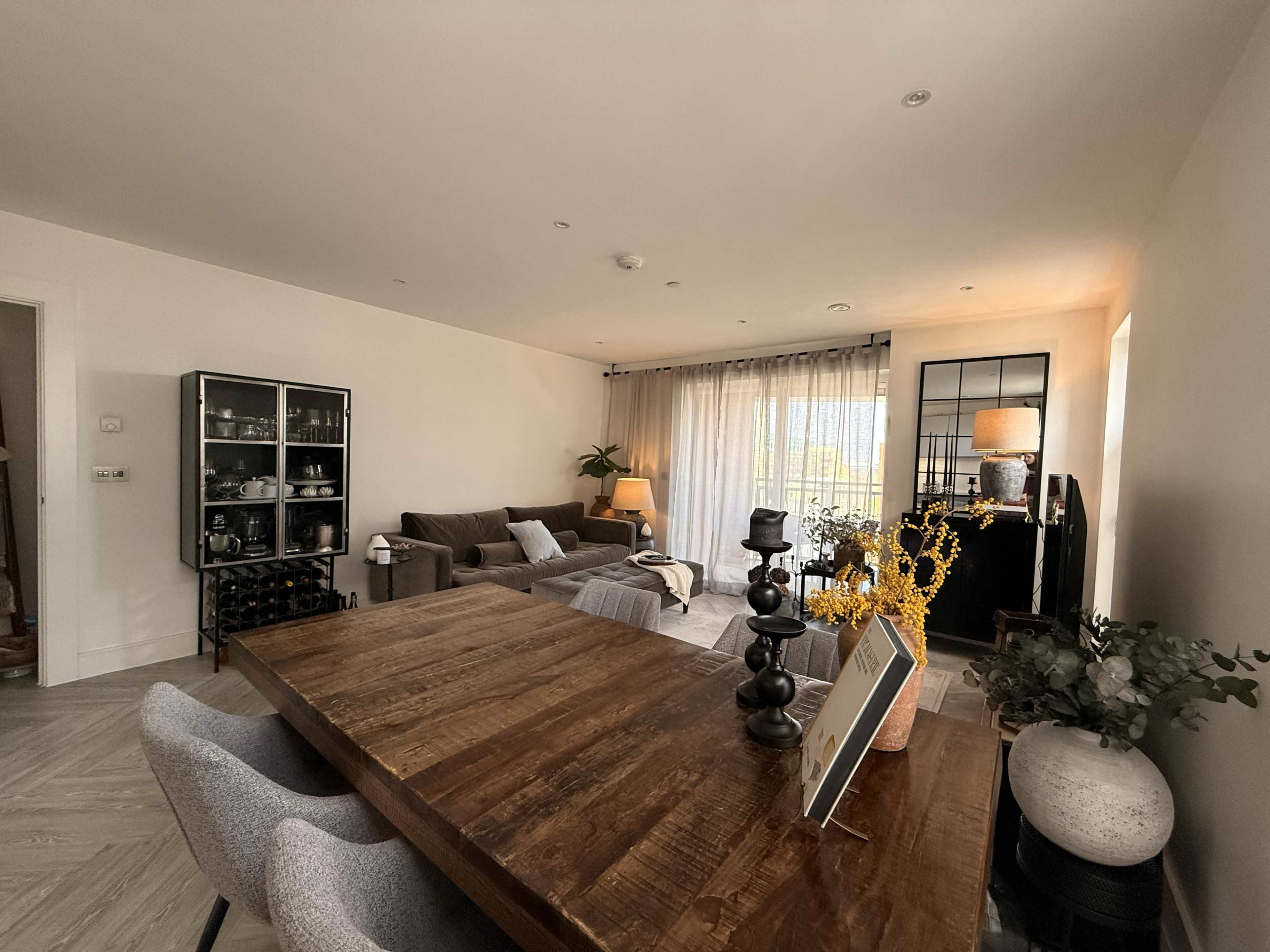 The image shows a modern living space with a dining table and chairs, a couch, and large windows covered by sheer curtains.