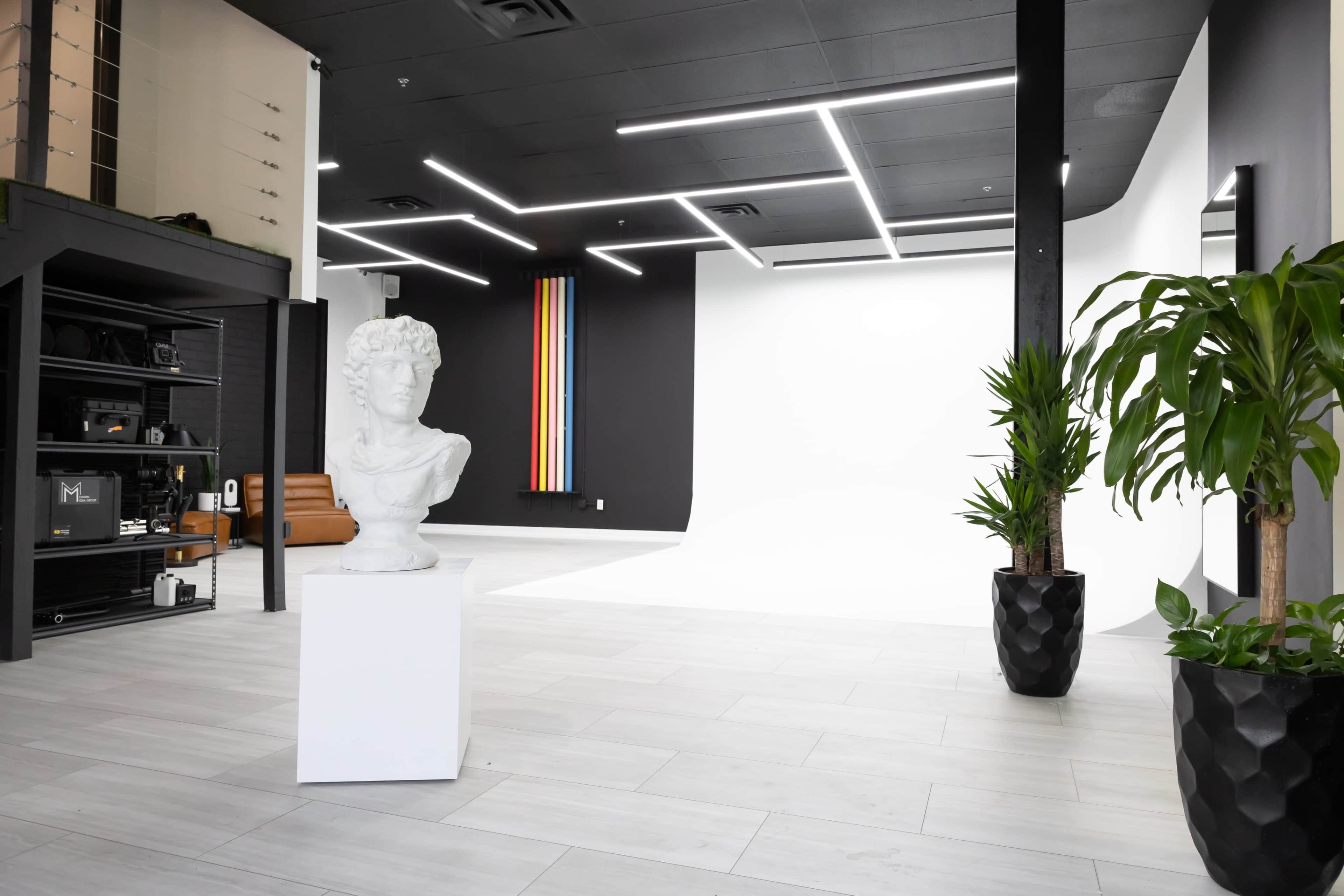 A modern studio space featuring a white backdrop, a contemporary sculpture on a pedestal, and green plants in black pots.
