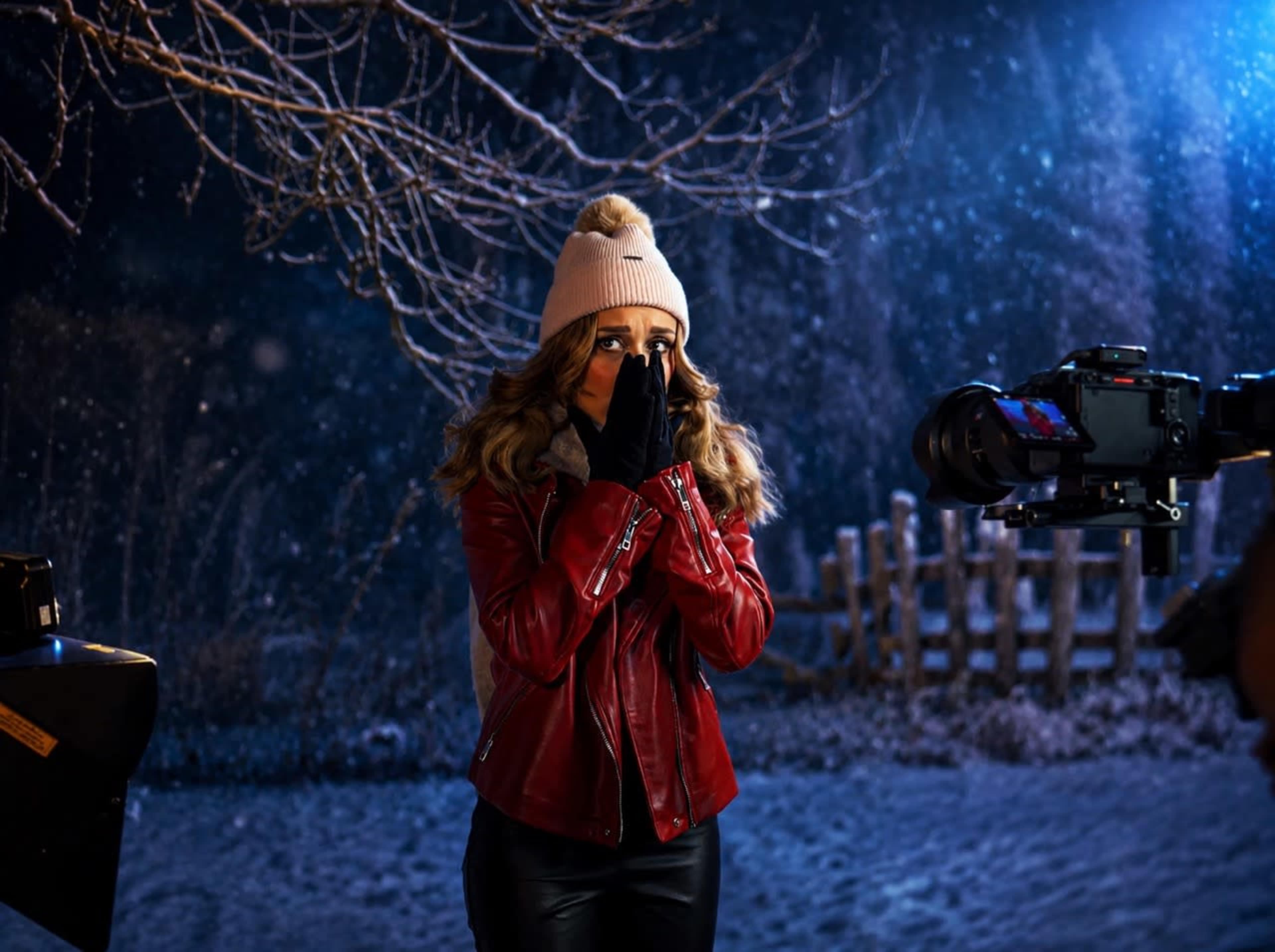 A woman wearing a red leather jacket and a white beanie stands outdoors in a snowy scene, covering her mouth and looking toward a camera.