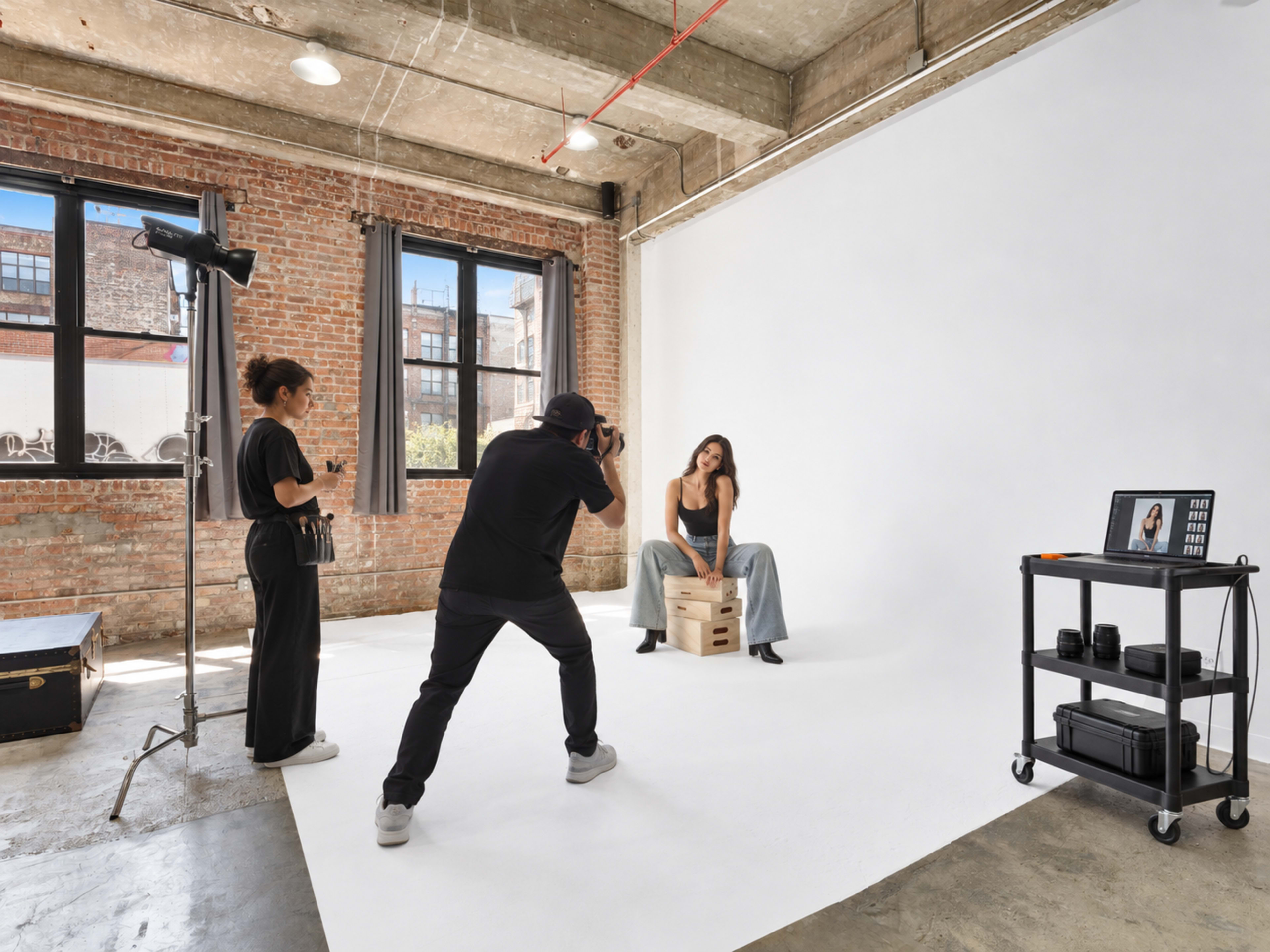 A photographer captures a model posing on a wooden box in a studio with brick walls and large windows.