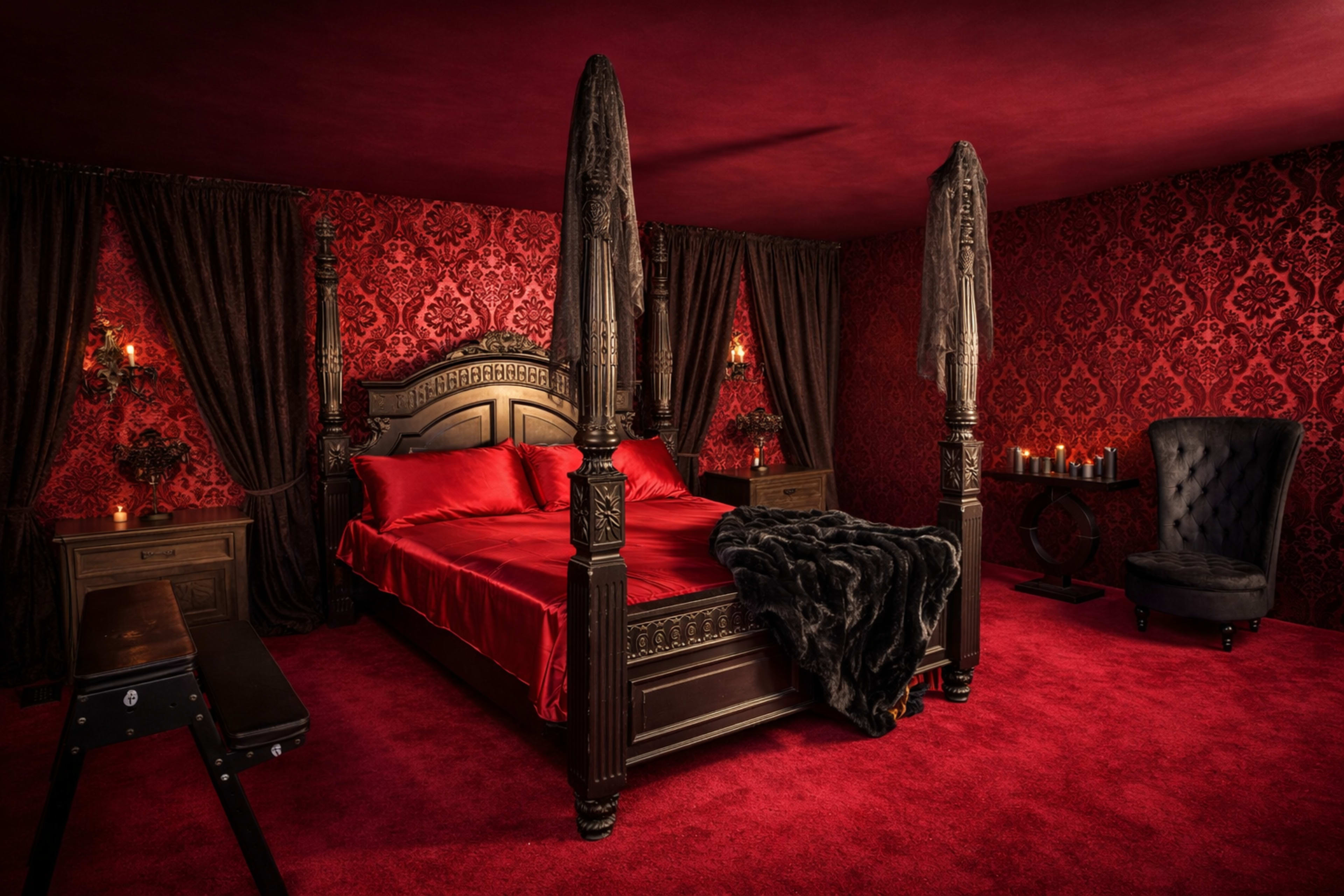 The image shows a red-themed bedroom featuring a four-poster bed with red bedding, dark curtains, and a plush chair, all set against a richly patterned wall.