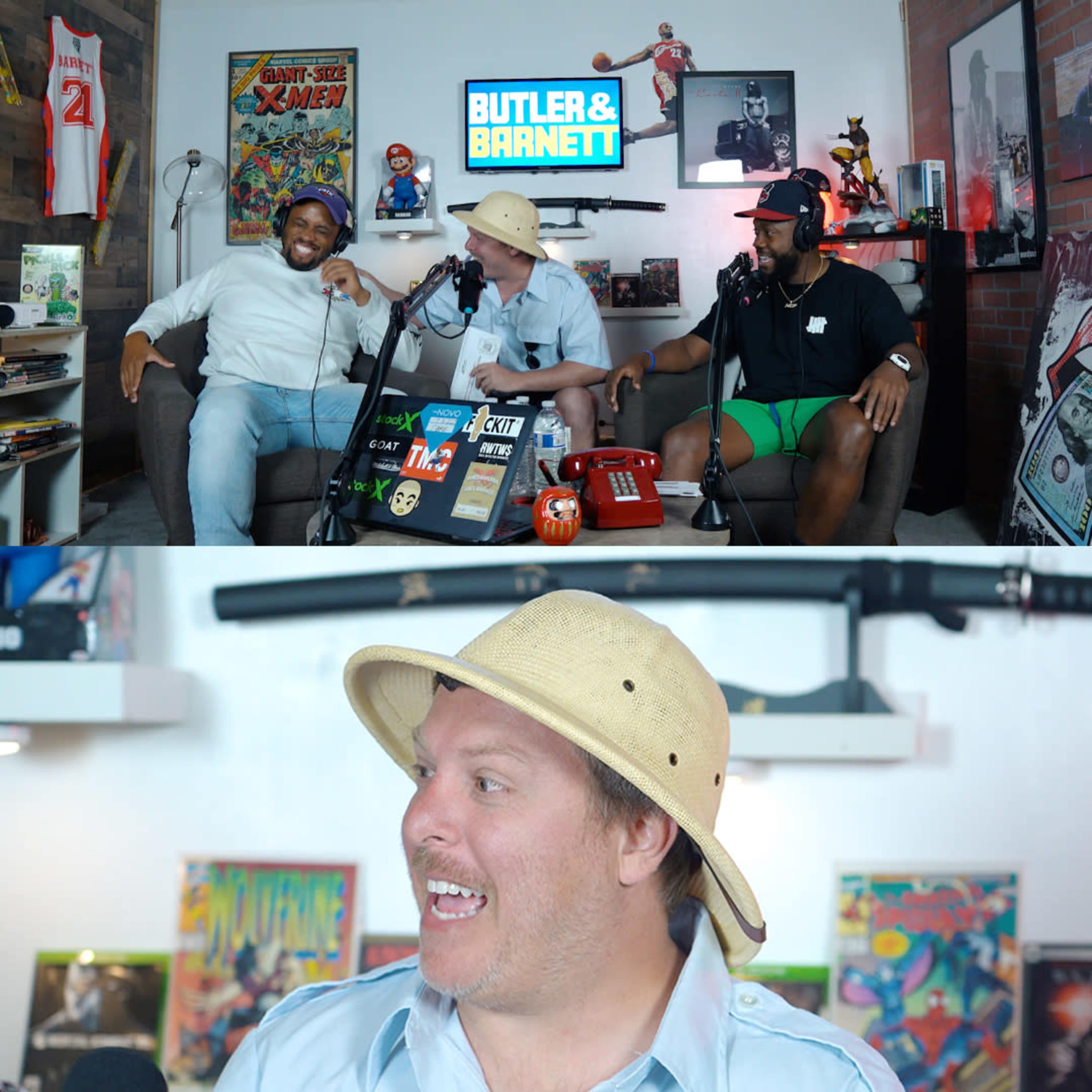 The image features three men seated around a table with microphones, discussing on a podcast set decorated with sports memorabilia and comic books.