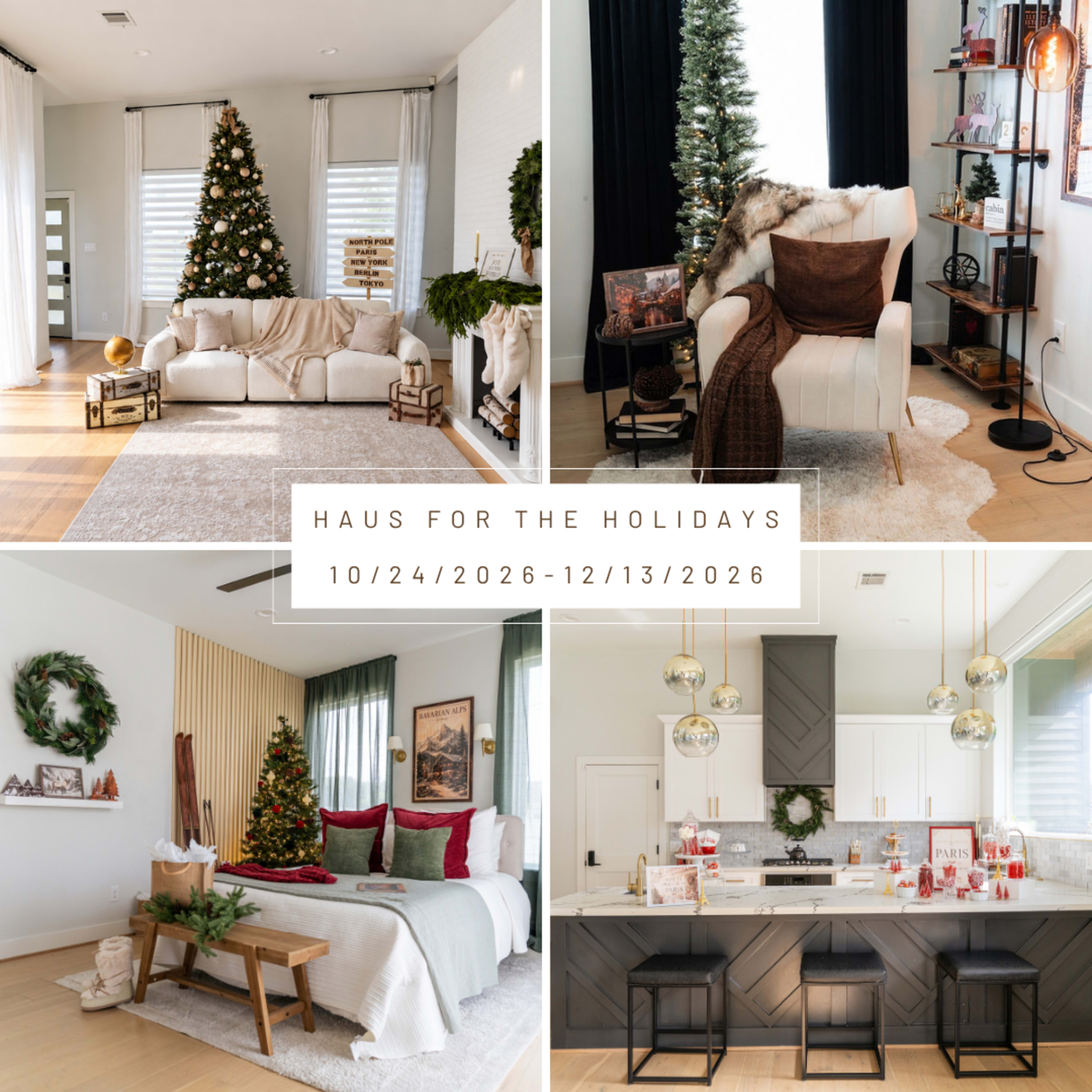 The image features a collage of four cozy holiday-themed interior spaces, showcasing decorated living rooms and a kitchen with seasonal decor and furnishings.