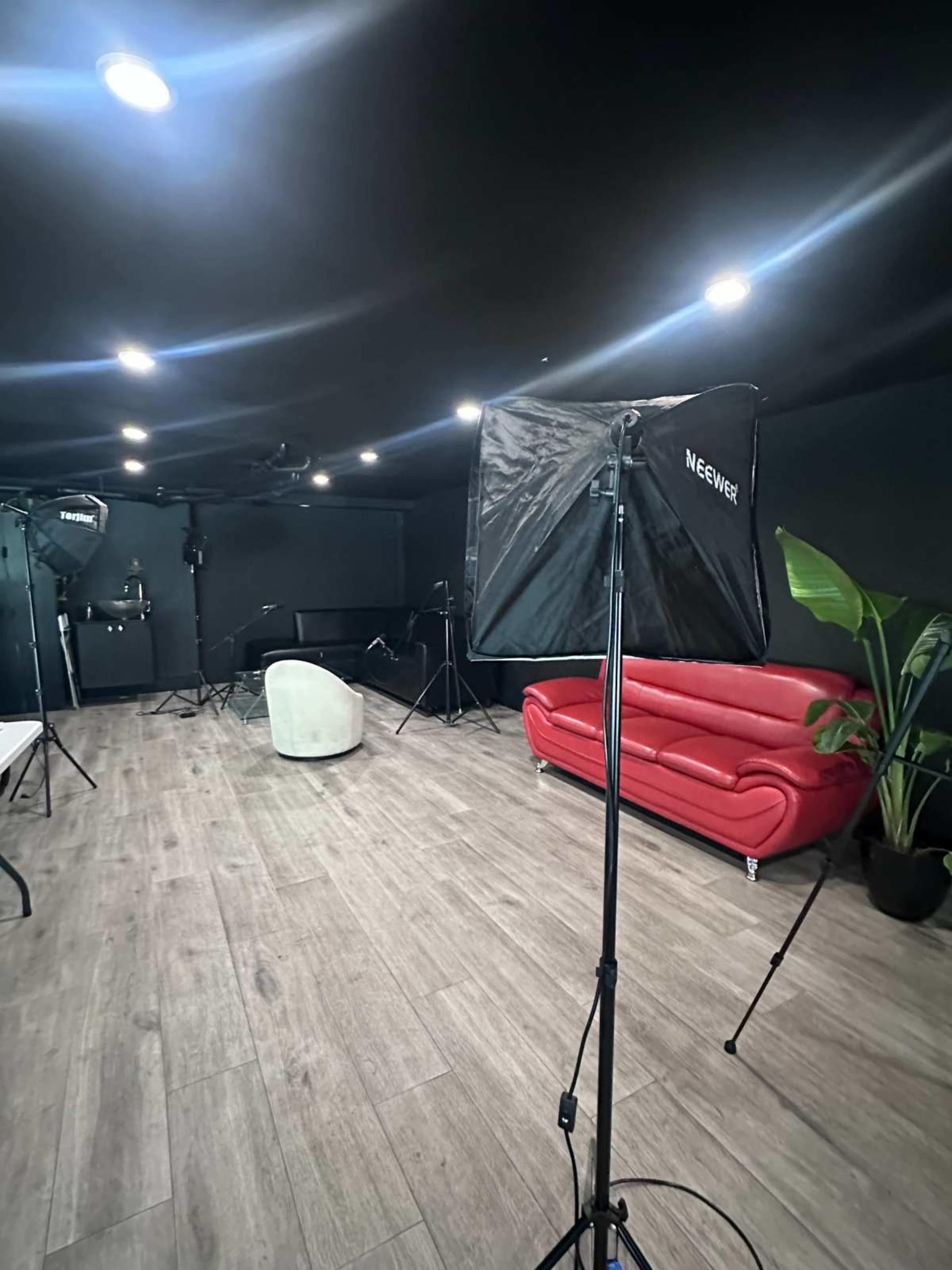 The image shows a studio space with a red couch, a white chair, lighting equipment, and a potted plant, all set against a dark backdrop.