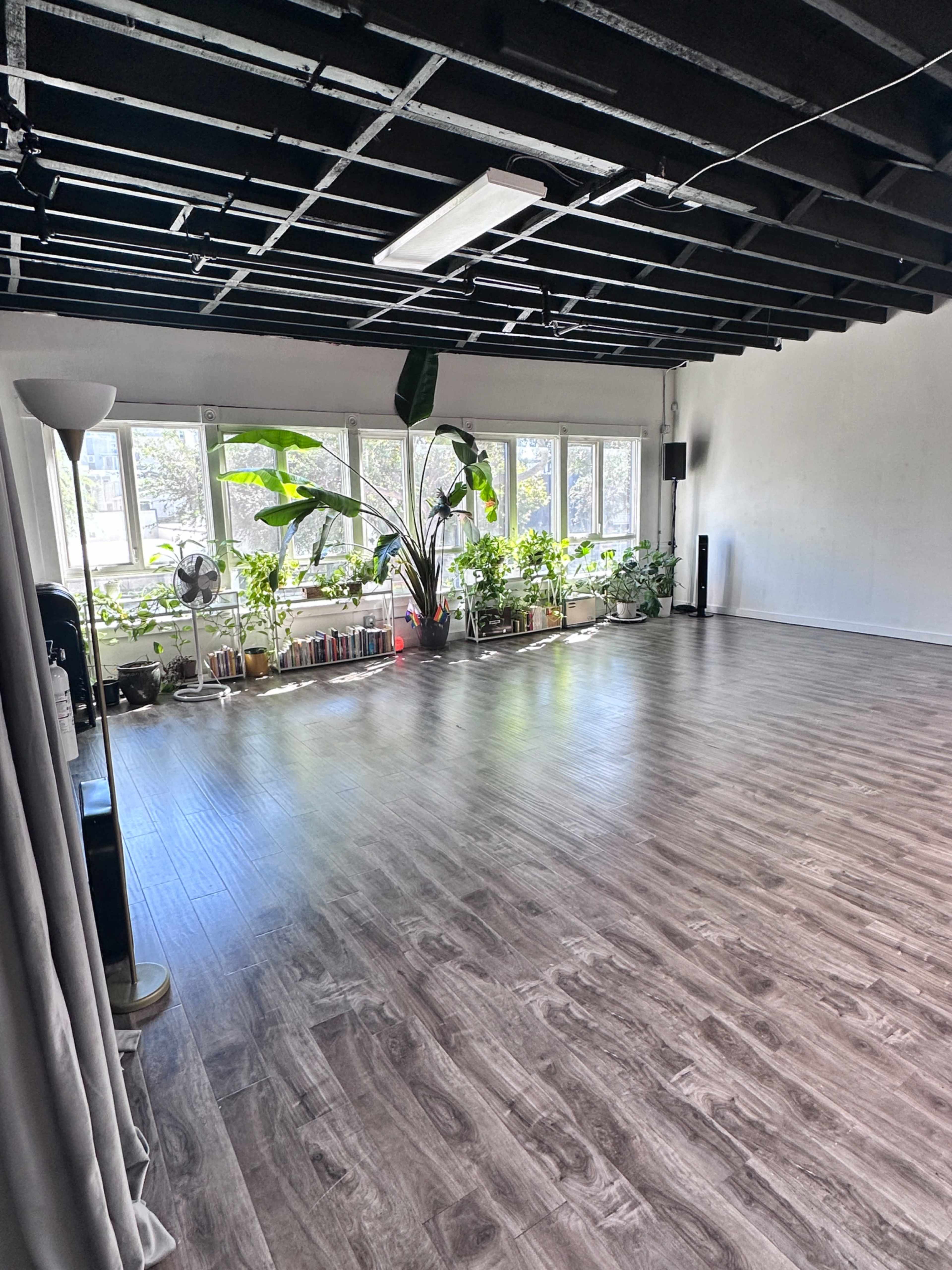 The image shows a spacious room with wooden flooring, large windows filled with potted plants, and an area with minimal furnishings.