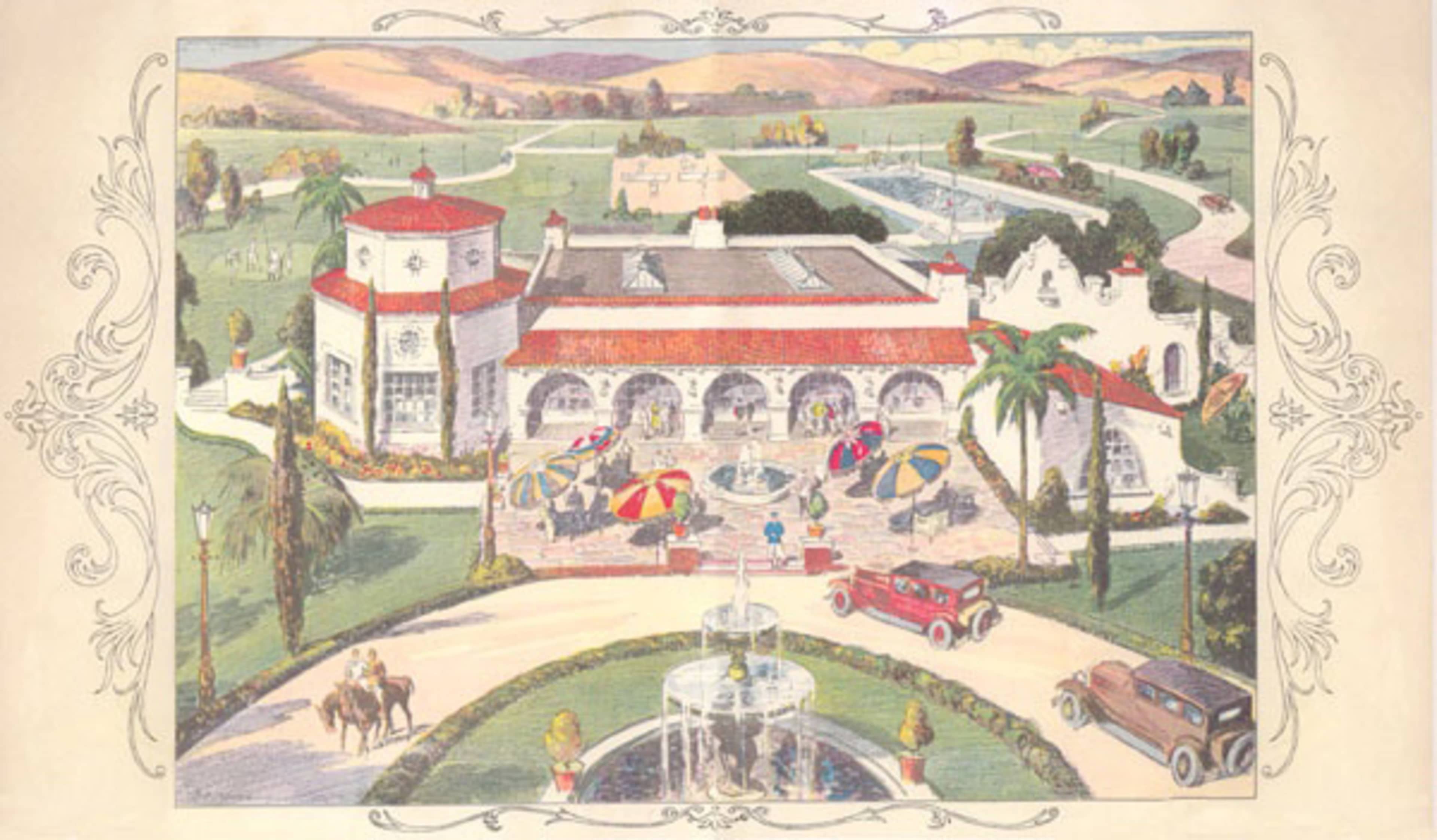A vintage illustration of a large estate with a fountain in front, surrounded by gardens, palm trees, and a driveway leading to vintage cars parked nearby.