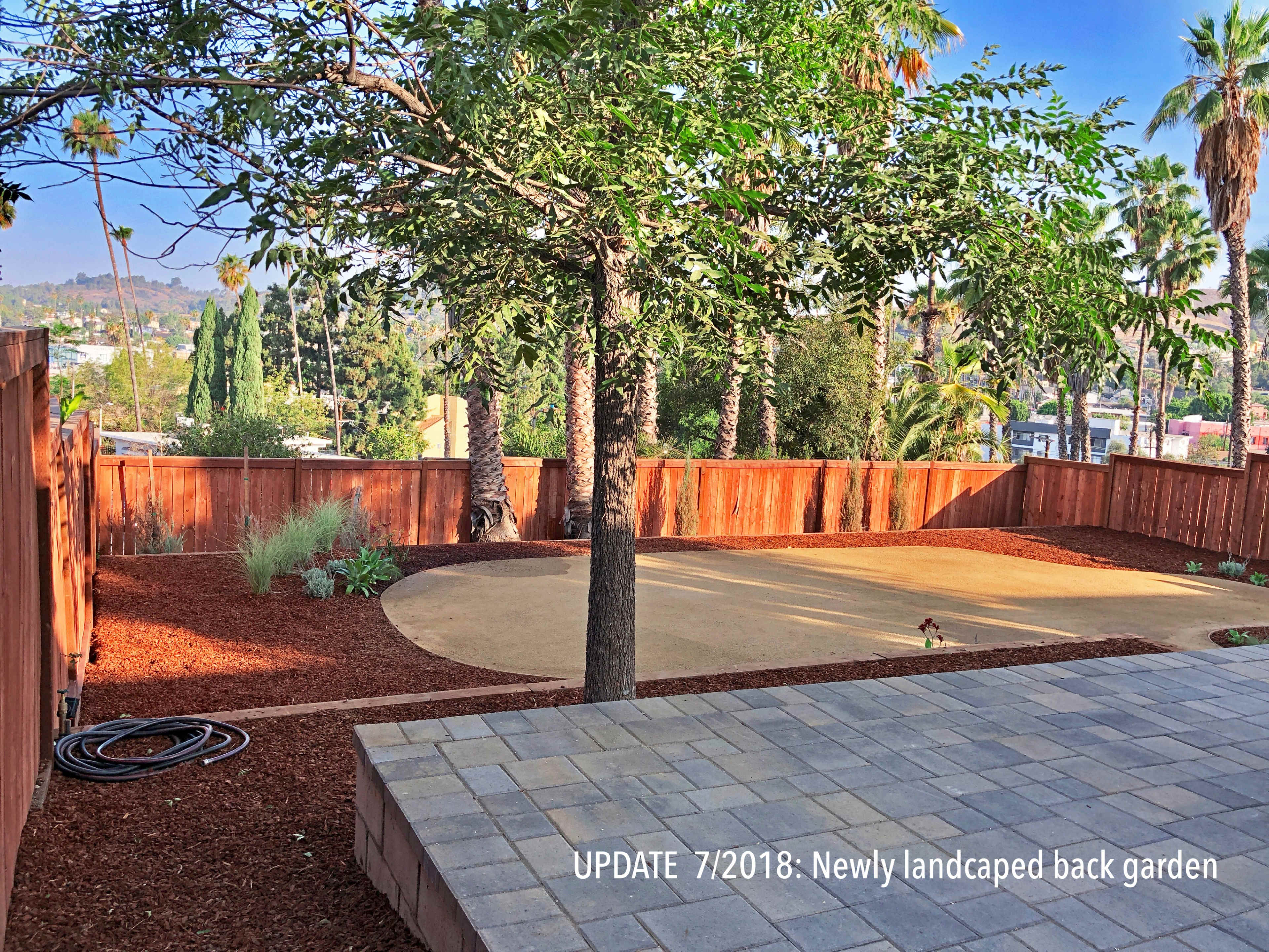 A newly landscaped backyard garden featuring a circular gravel area, wooden fencing, and several palm trees.