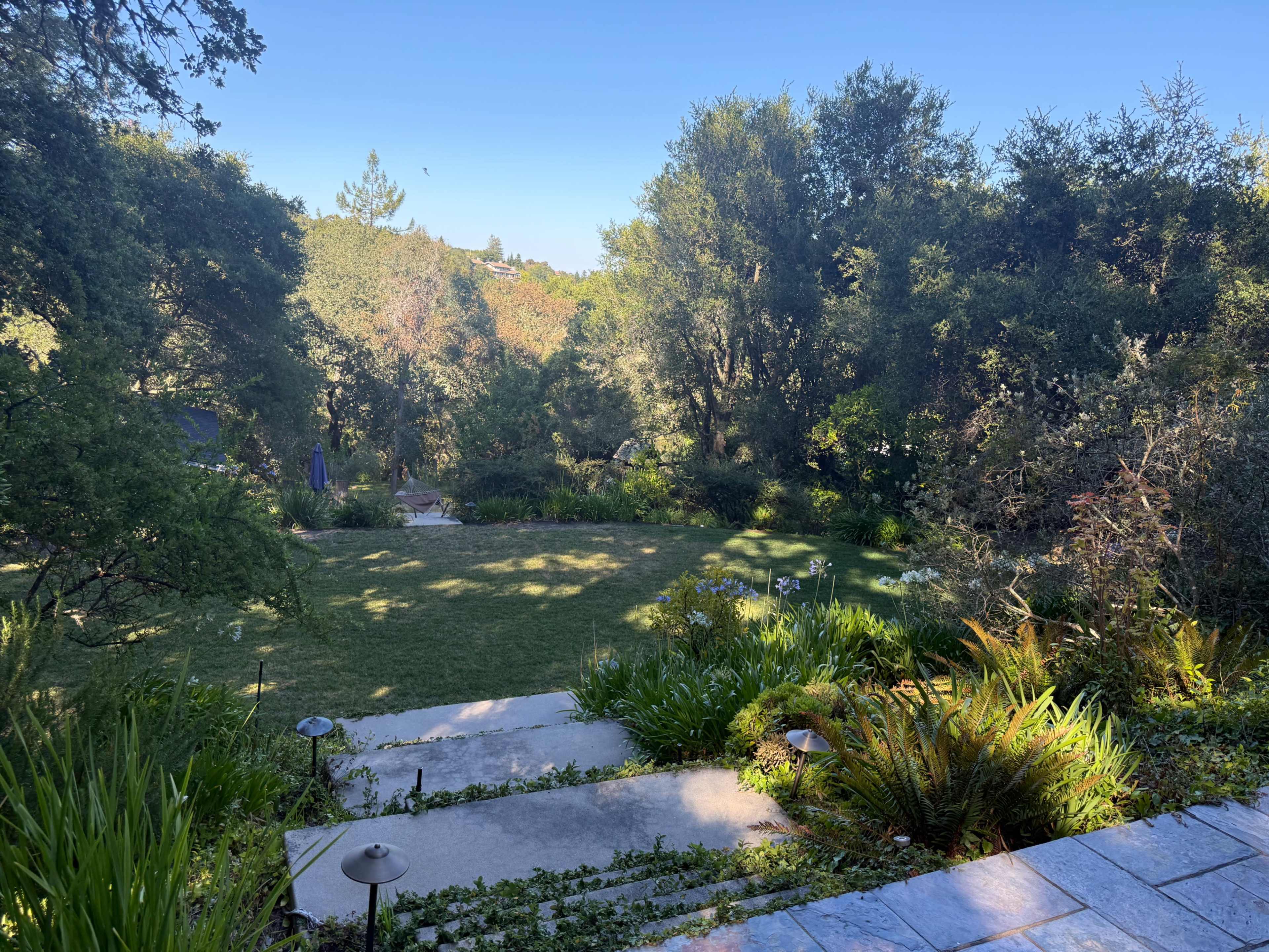 The image shows a landscaped garden with stone steps leading down to a grassy area, surrounded by trees and shrubs.